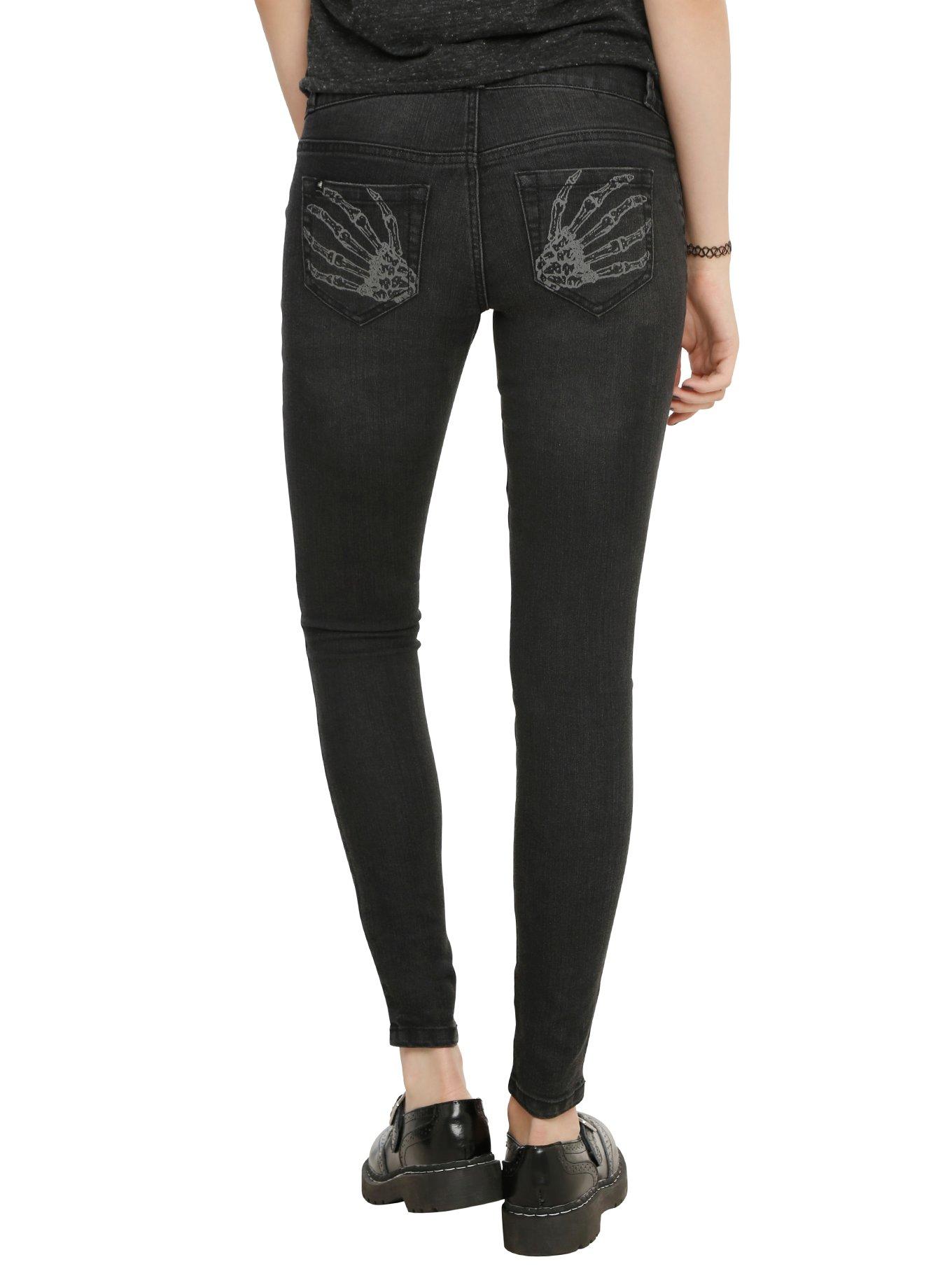 LOVEsick Black Skeleton Hands Skinny Jeans, , alternate