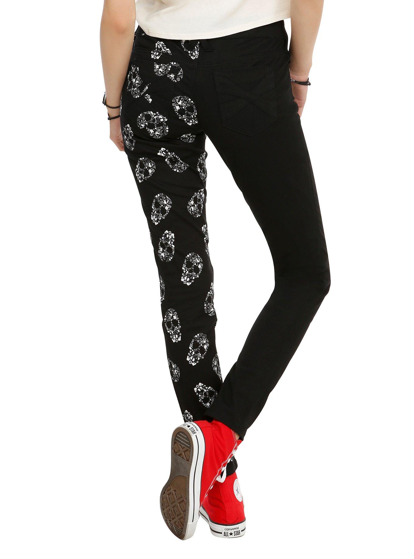 Royal Bones By Tripp Black & White Floral Skull Split Leg Skinny Jeans, , alternate