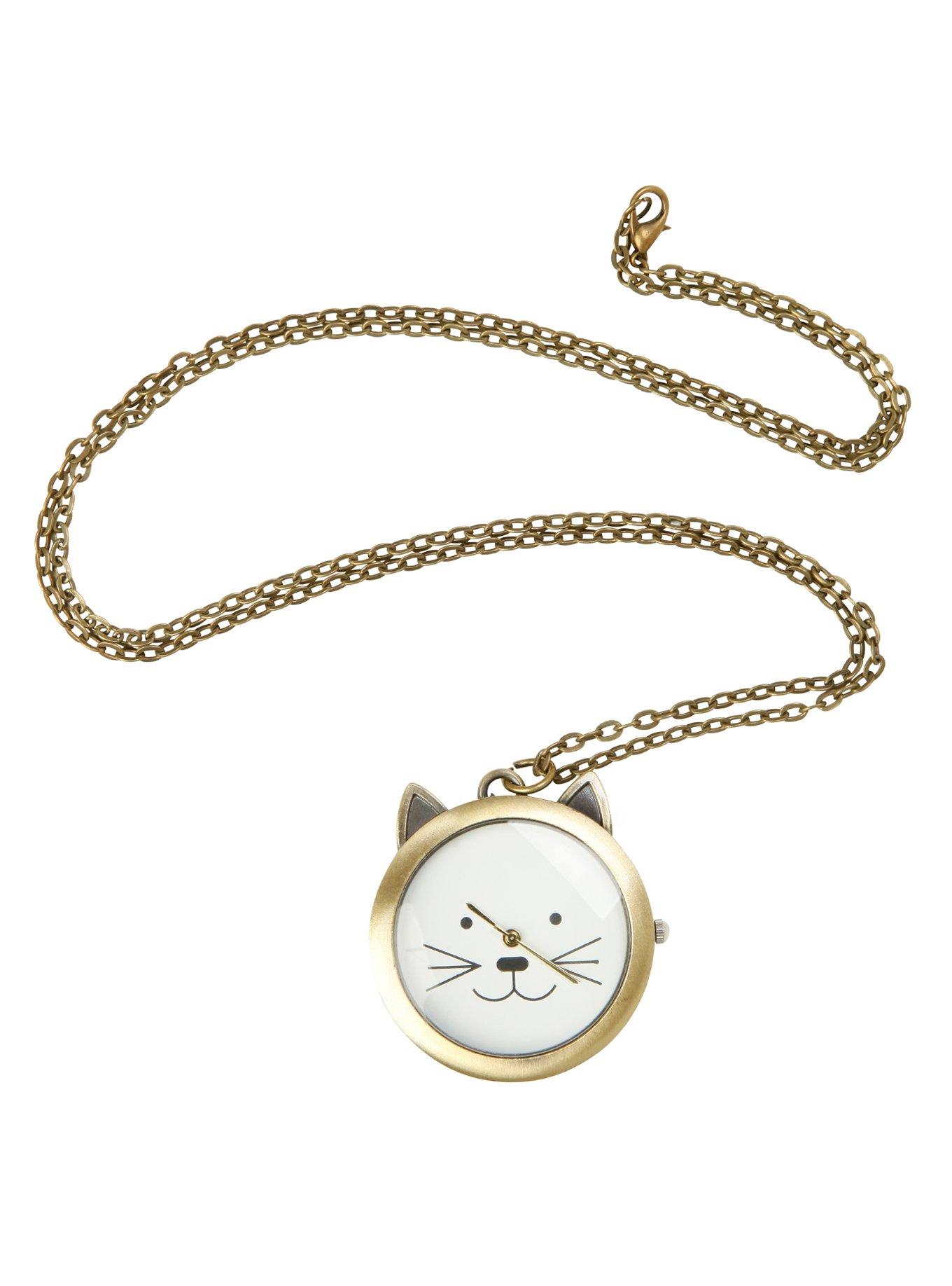 LOVEsick Cat Face Clock Long Necklace, , alternate