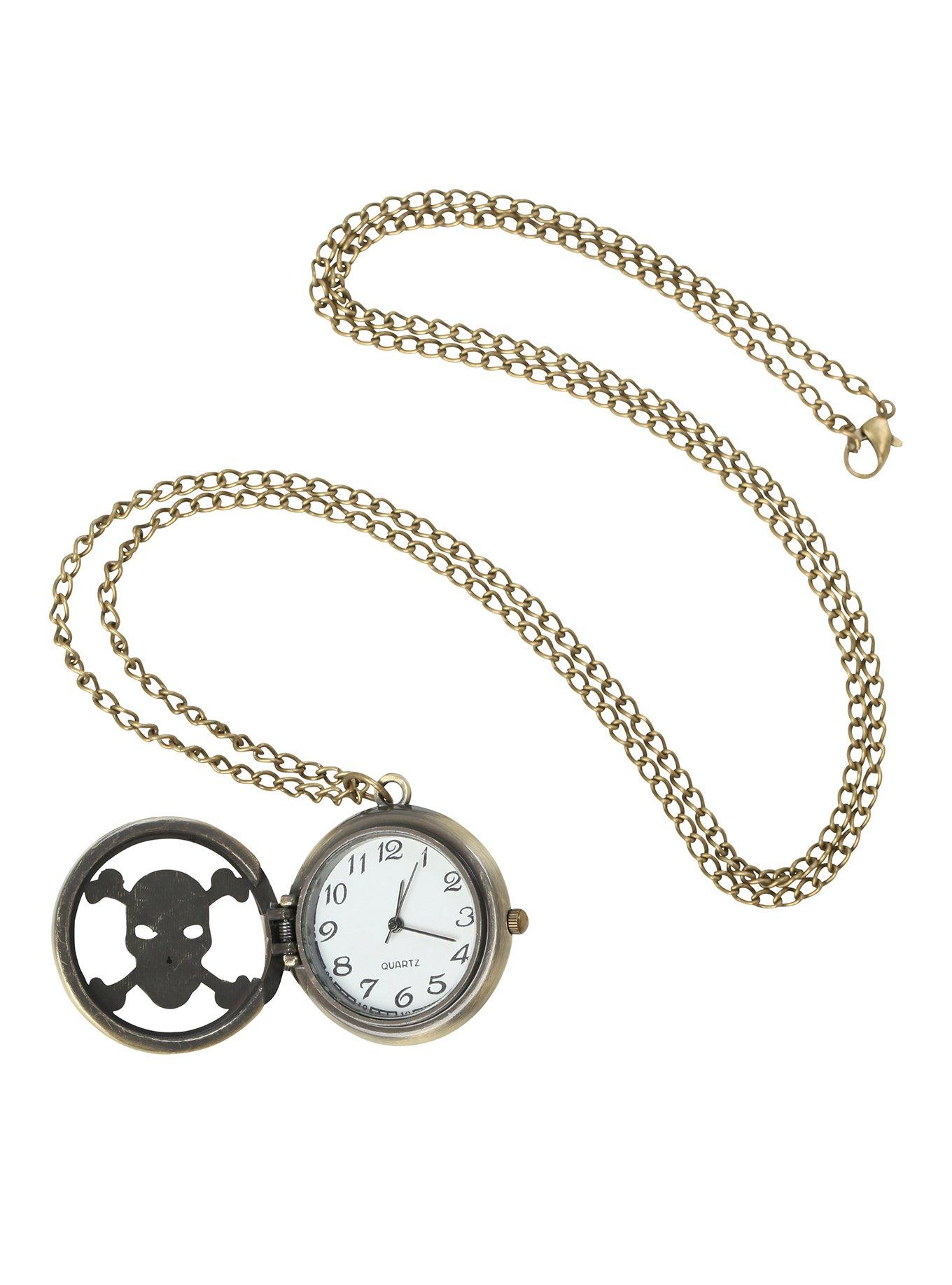 LOVEsick Burnished Gold Skull Pocket Watch Necklace, , alternate