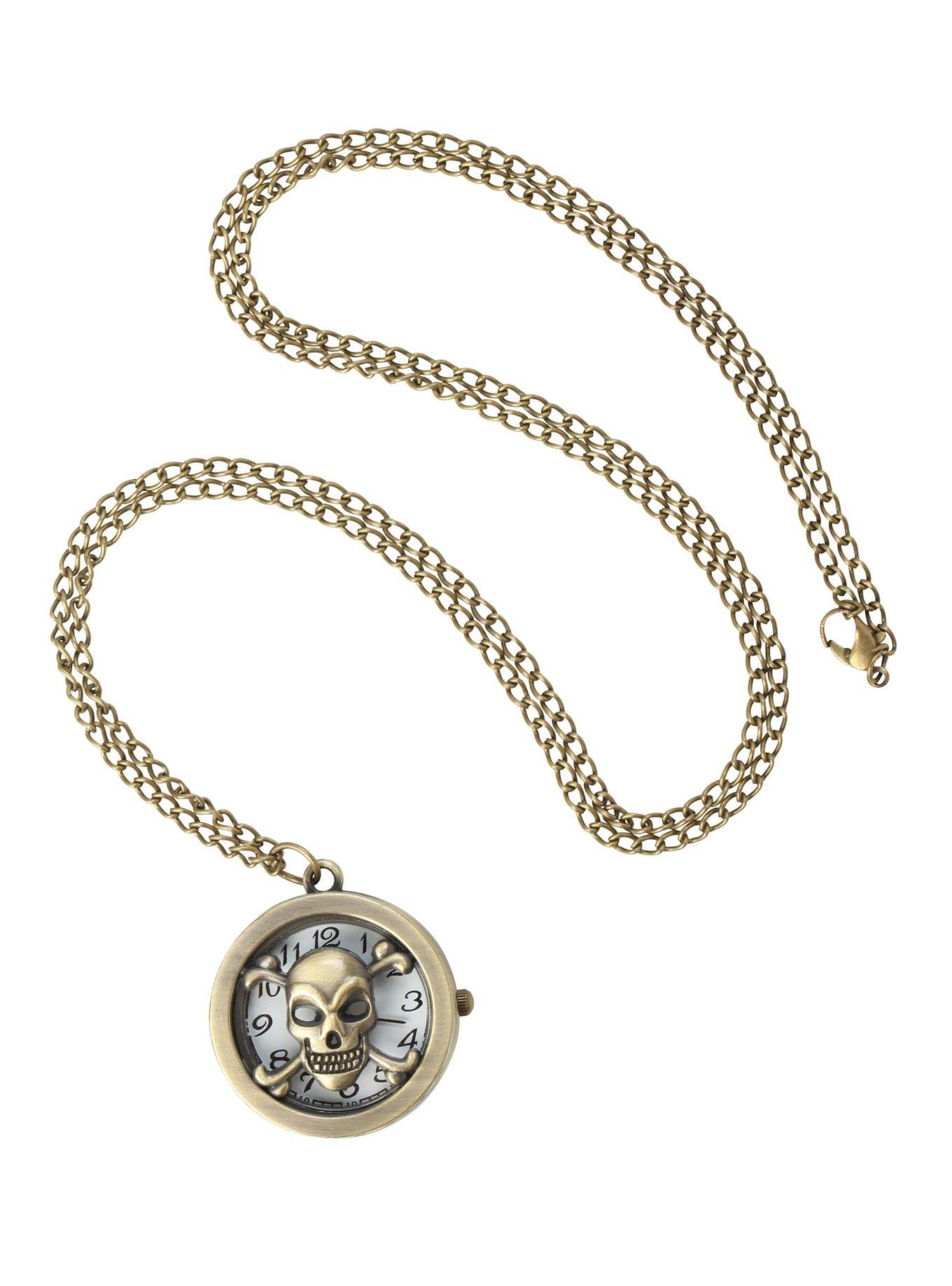 LOVEsick Burnished Gold Skull Pocket Watch Necklace, , alternate