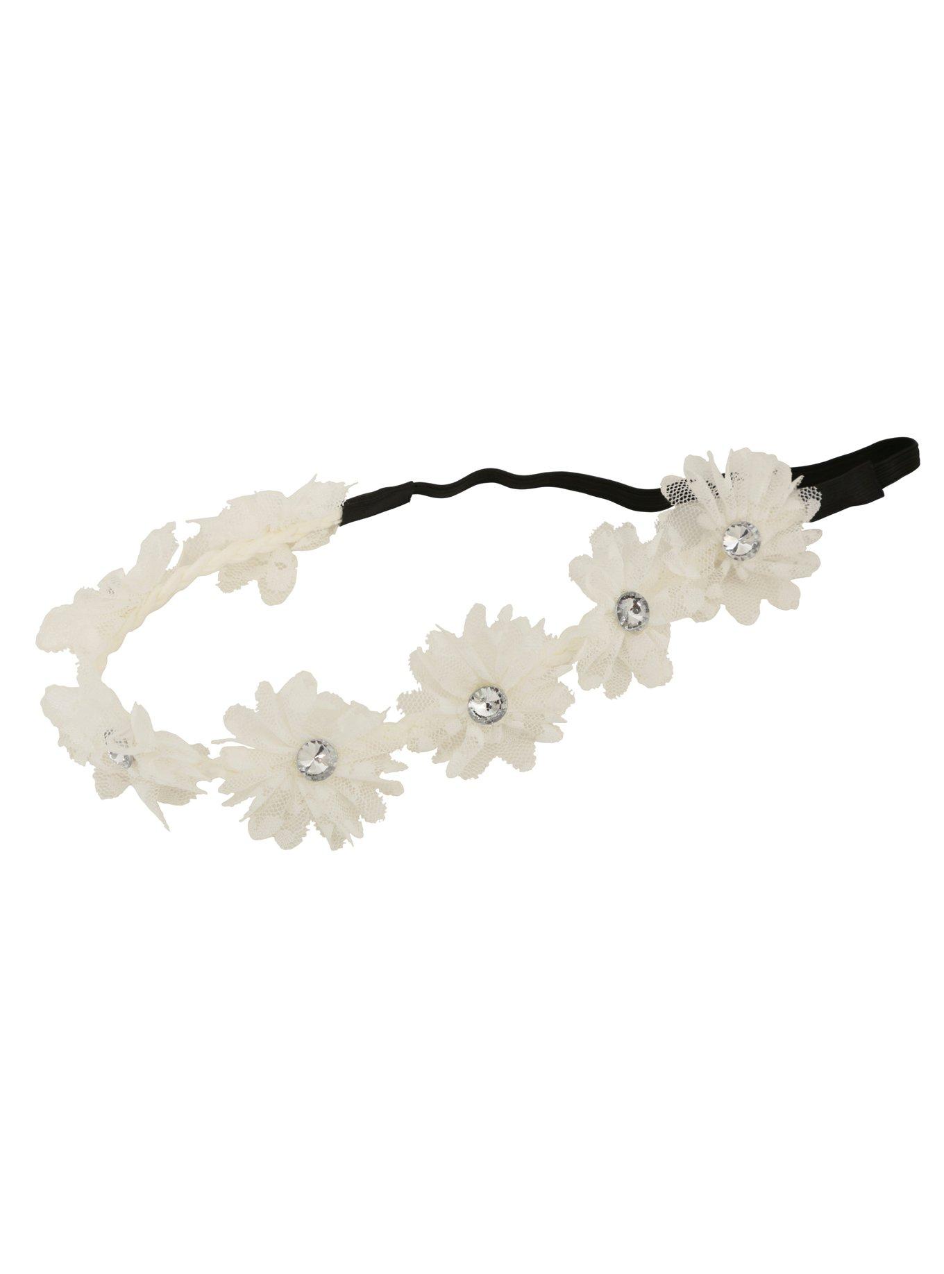 White Lace Flower Stretchy Headband, , alternate