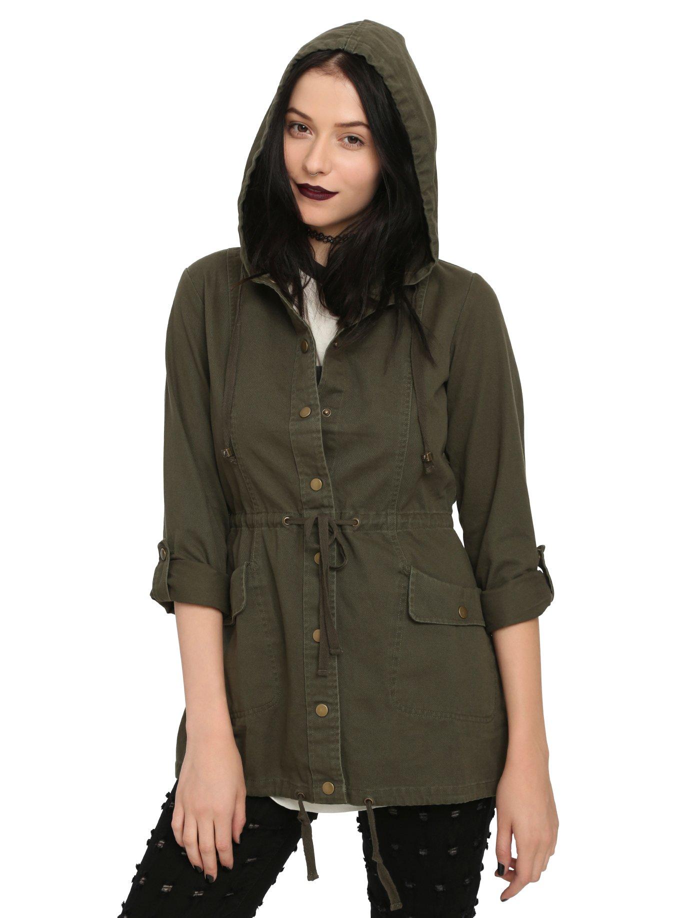 Green Skull Applique Girls Anorak Jacket, OLIVE, alternate