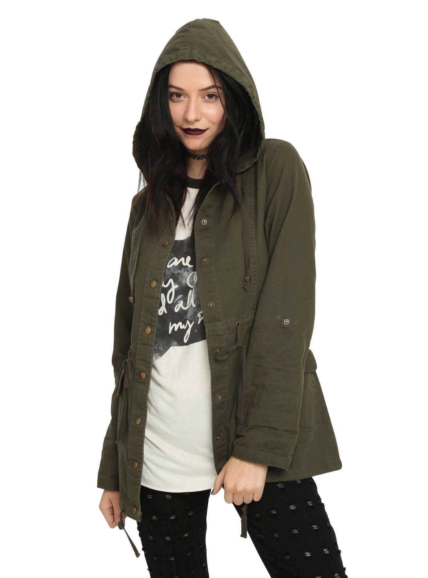 Green Skull Applique Girls Anorak Jacket, OLIVE, alternate
