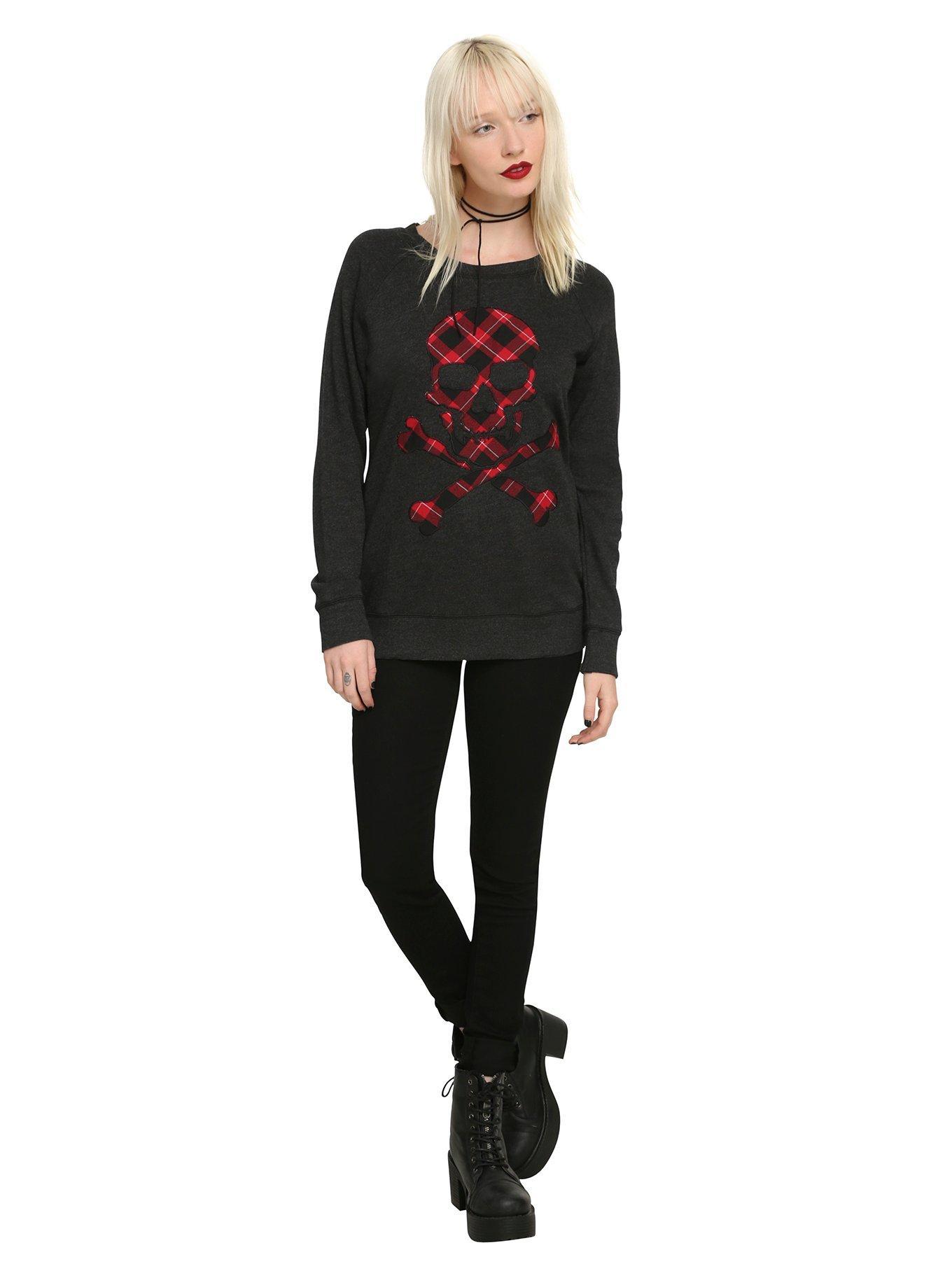 Grey and Red Plaid Skull Girls Pullover Top, , alternate