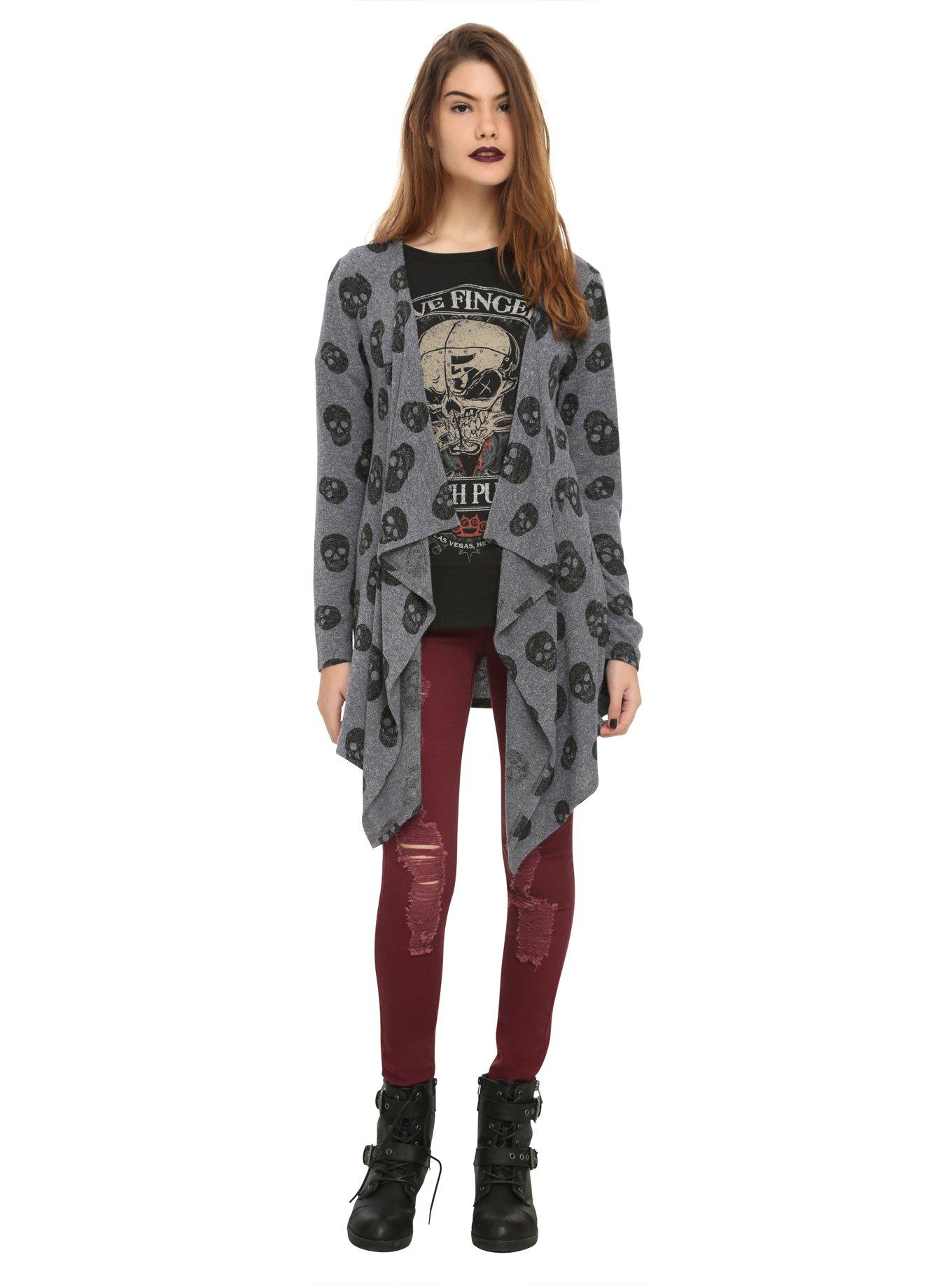 Grey & Black Skull Hacci Girls Flyaway Cardigan, , alternate
