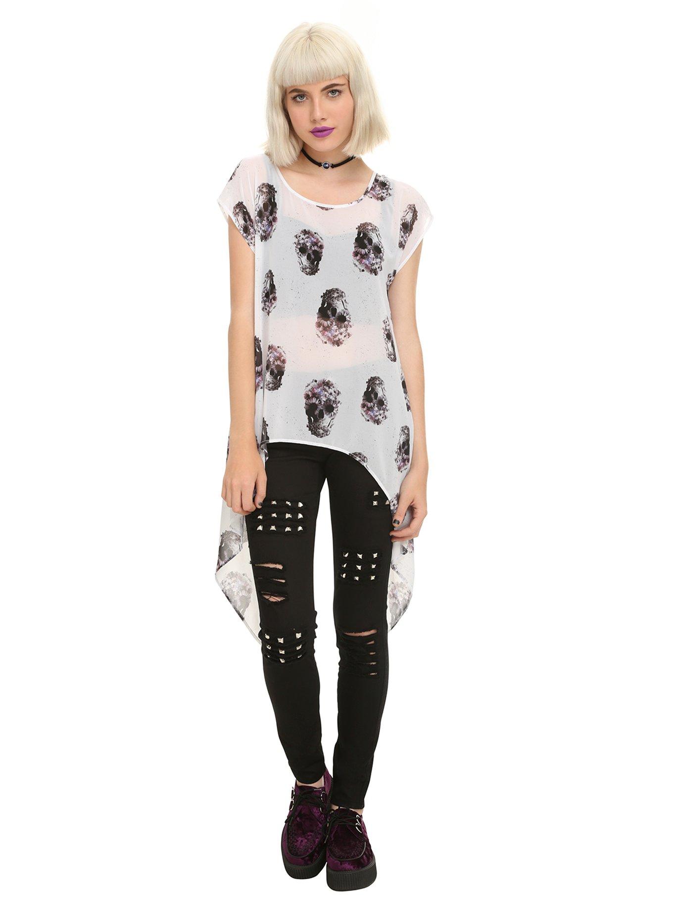 Skull Chiffon Open Back Top, WHITE, alternate