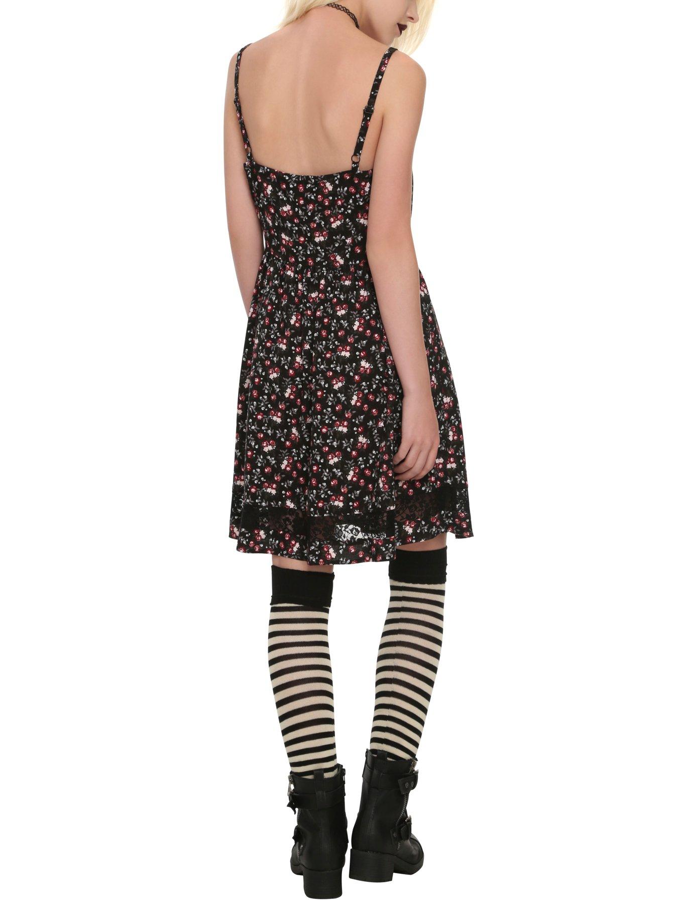 Black Red & White Challis Skull Floral Dress, BLACK, alternate