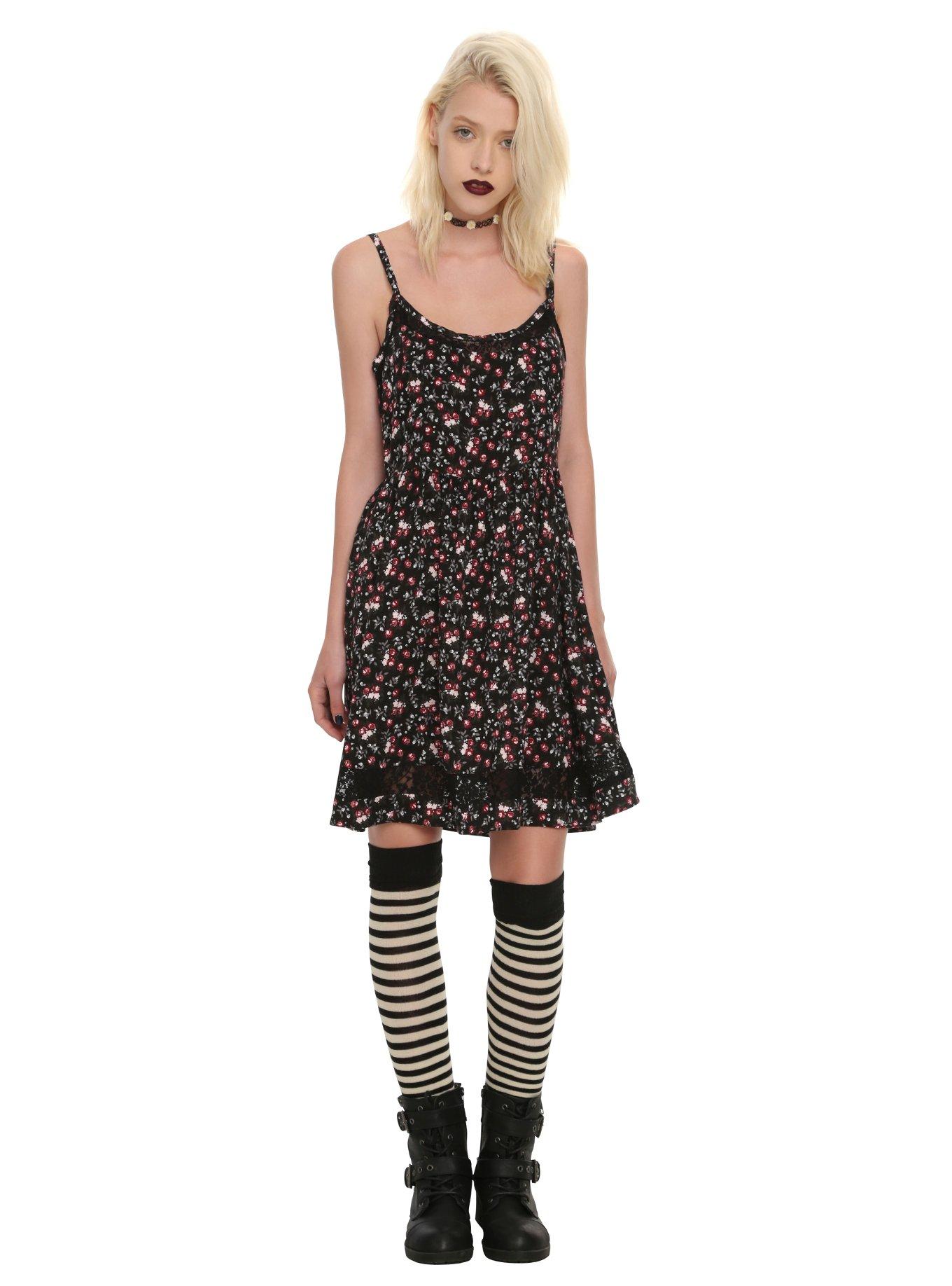 Black Red & White Challis Skull Floral Dress, BLACK, alternate