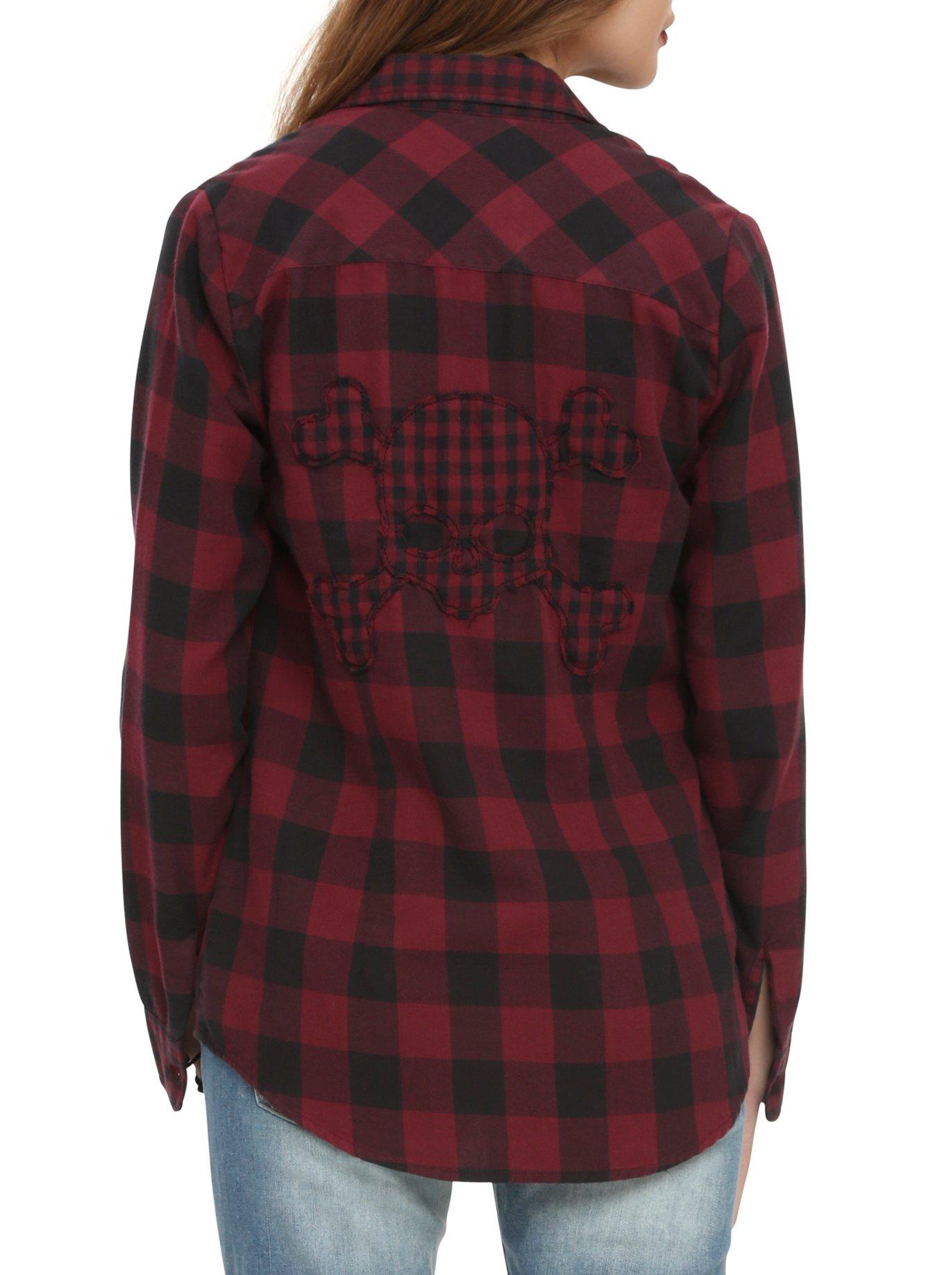 Burgundy & Black Buffalo Check Skull Top, RED, alternate