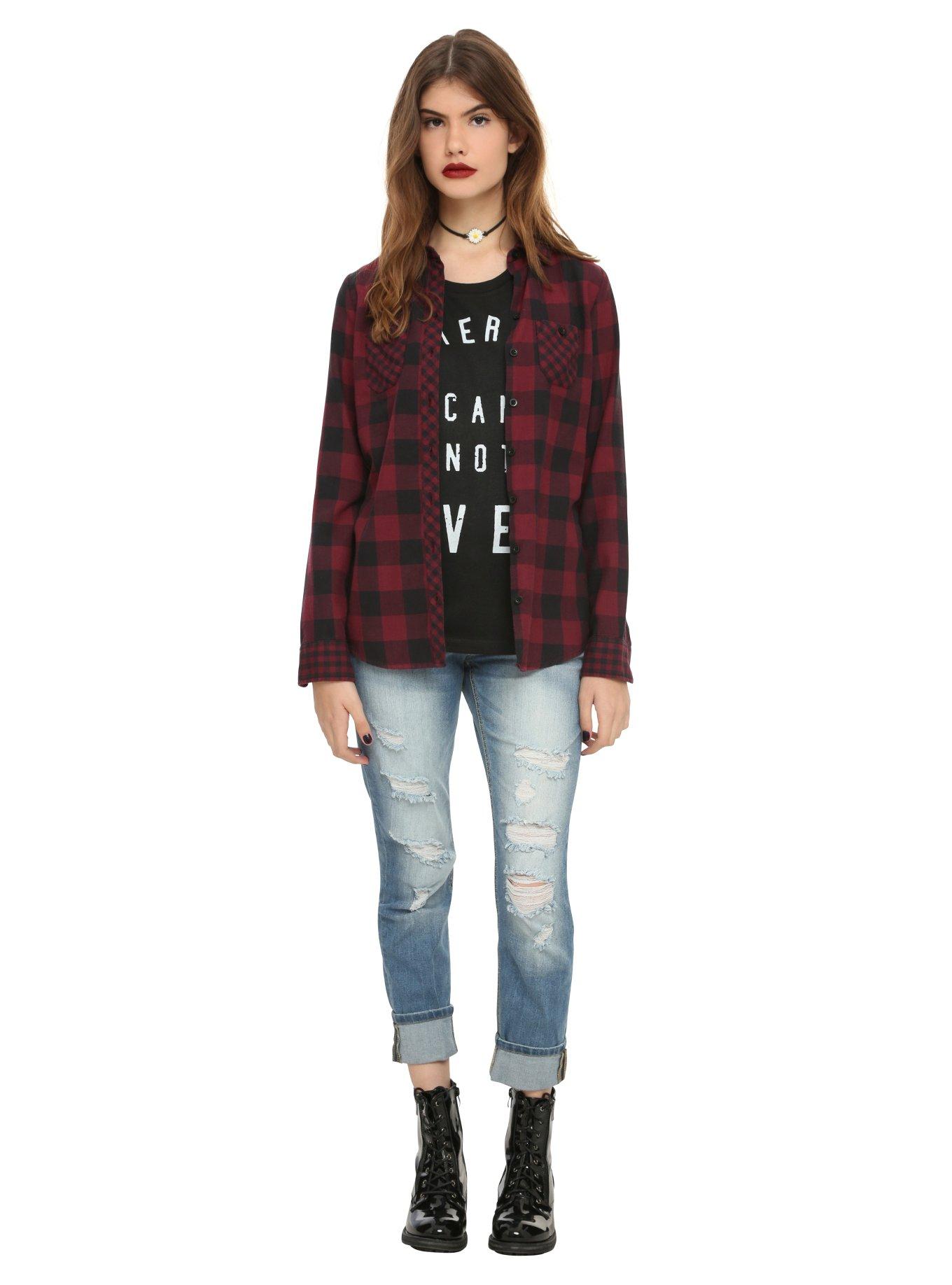 Burgundy & Black Buffalo Check Skull Top, RED, alternate