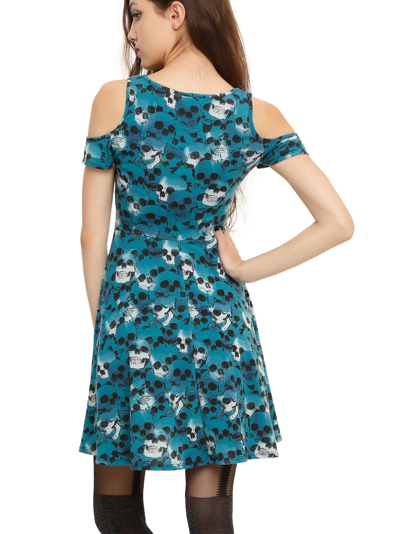 Blue Skull Cold Shoulder Dress, , alternate