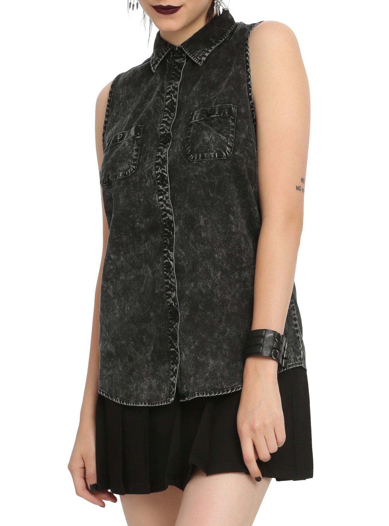 Black Acid Wash Spine Back Girls Top, BLACK, alternate