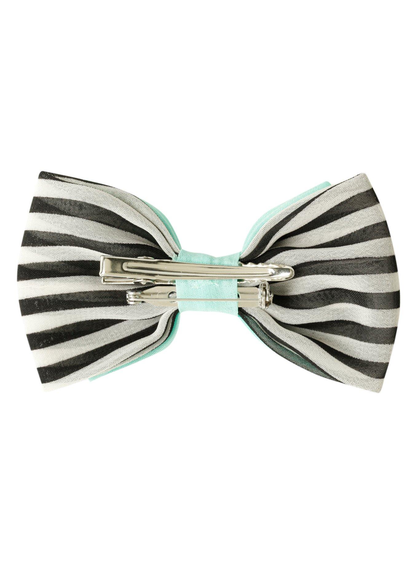 Mint Black & White Striped Hair Bow, , alternate