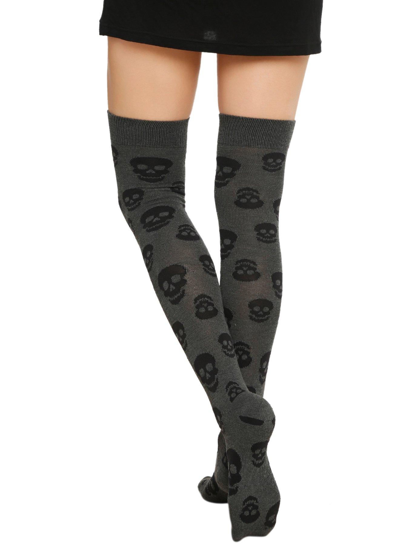 LOVEsick Grey & Black Skulls Over-The-Knee Socks, , alternate