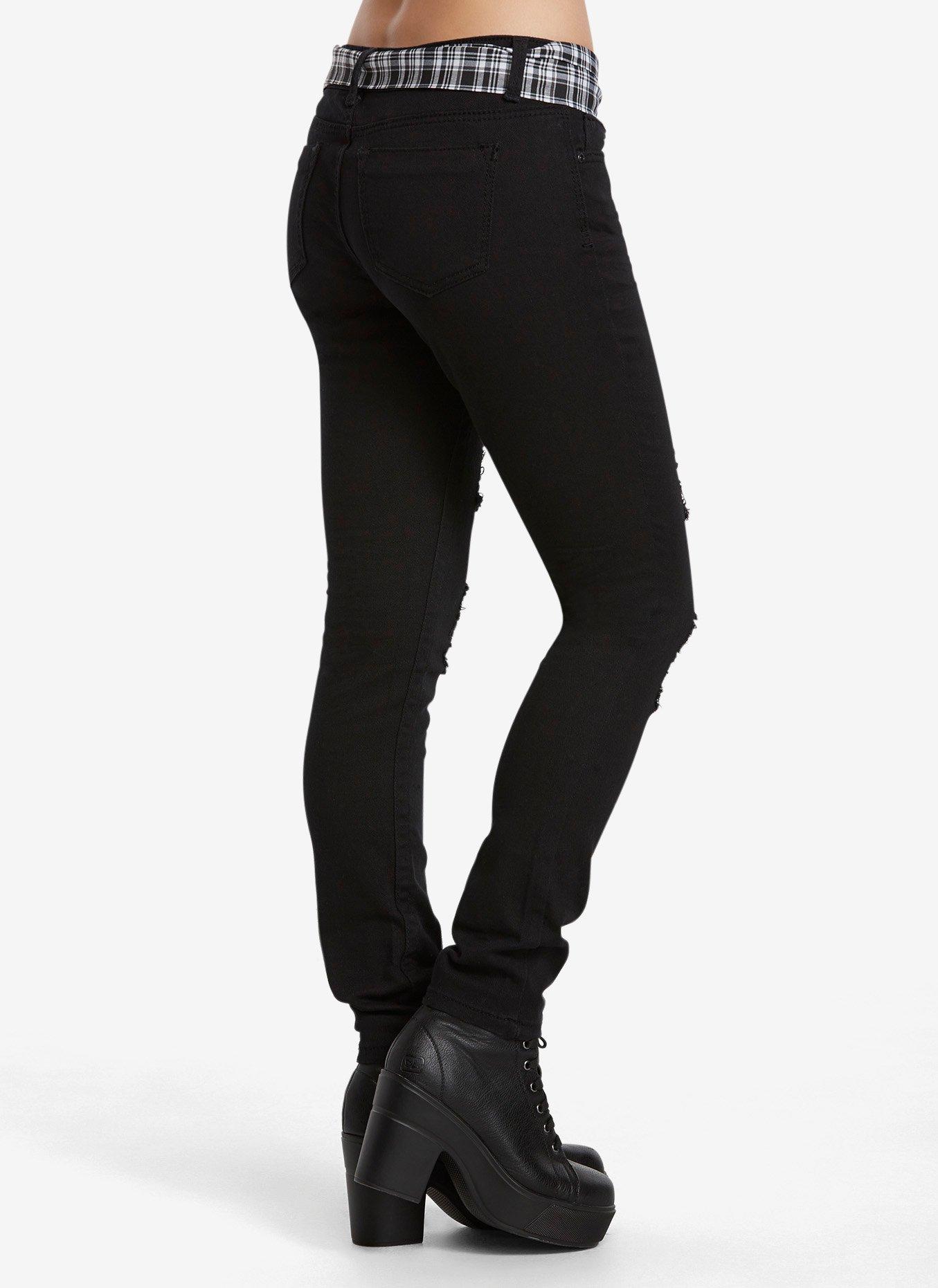 Skinny Jeans with Destructed & Plaid Sleeve Belt, , alternate