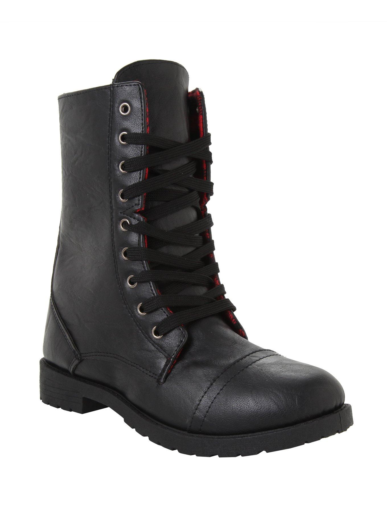 Black Red Plaid Lined Combat Boots, , alternate