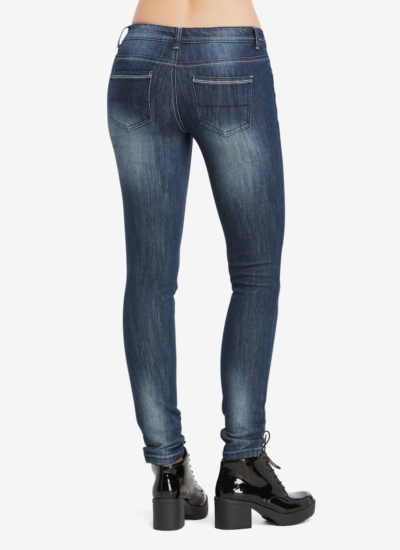 Dark Wash Distressed Splatter Skinny Jeans, , alternate