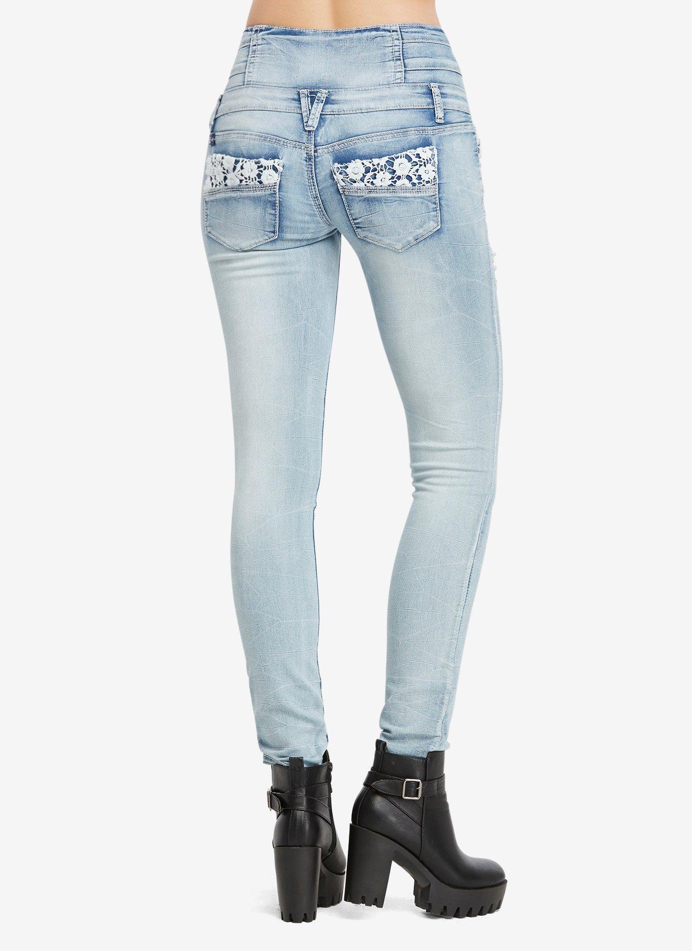 Light Wash Distressed High-Waisted Skinny Jeans, , alternate