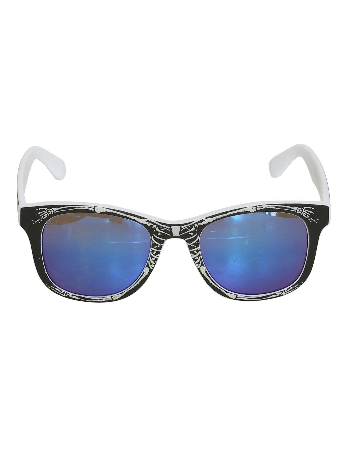 Etched Skeleton Smooth Touch Blue Flash Retro Sunglasses, , alternate