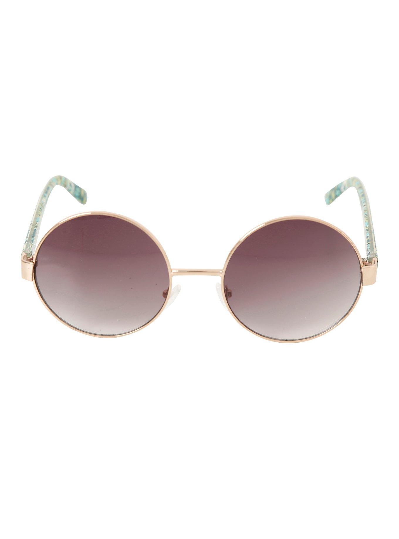 Gold & Seafoam Green Aztec Round Sunglasses, , alternate