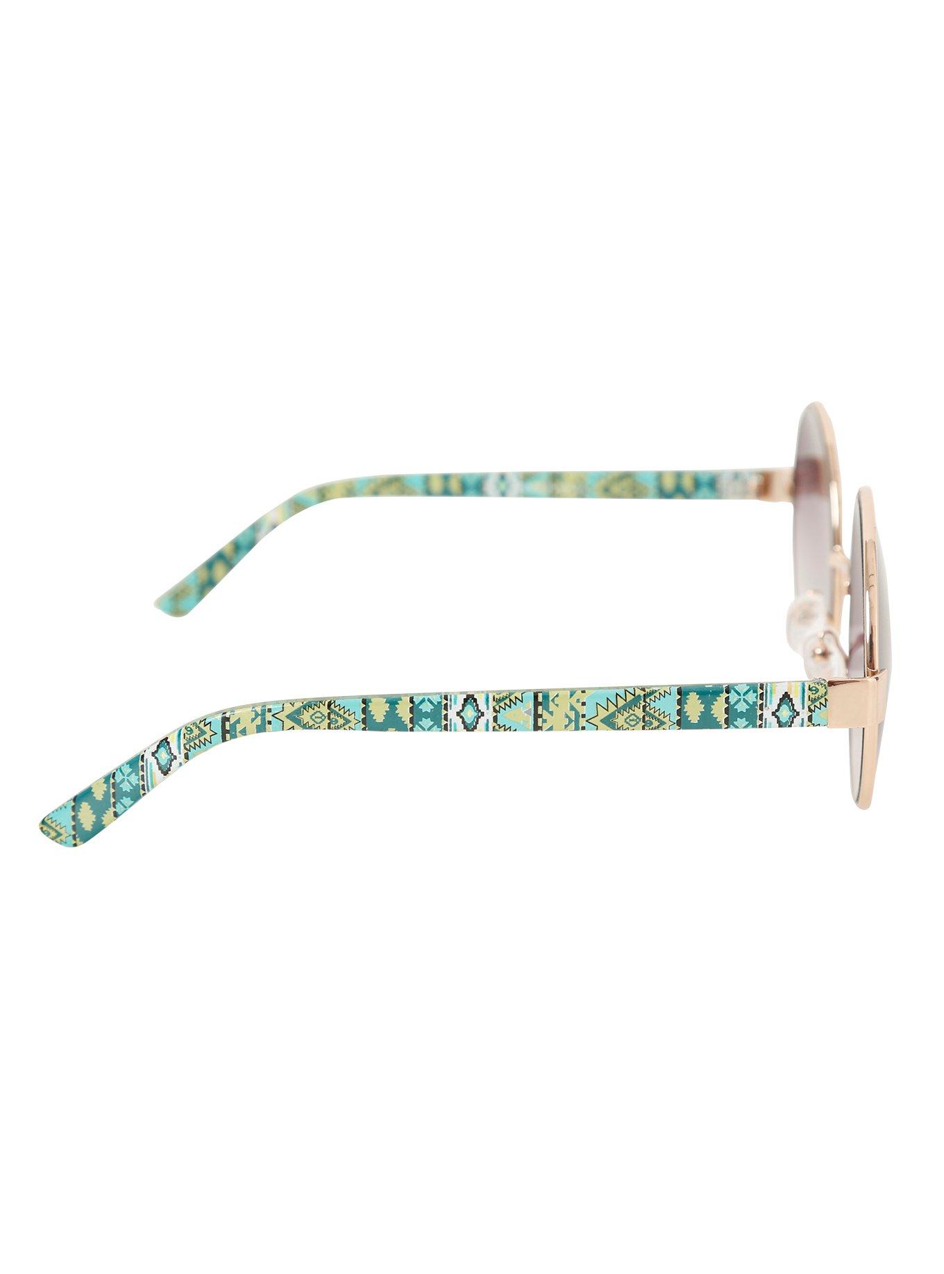 Gold & Seafoam Green Aztec Round Sunglasses, , alternate