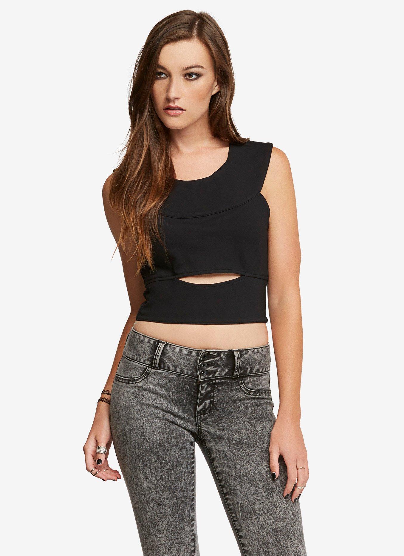 Black Cut-Out Back Girls Crop Top, BLACK, alternate