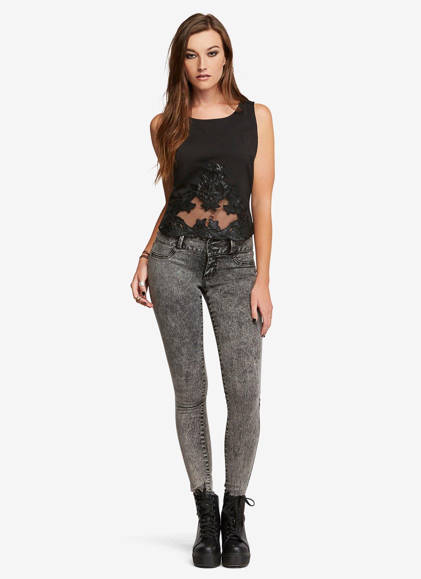 Lace Patch Crop Top, BLACK, alternate