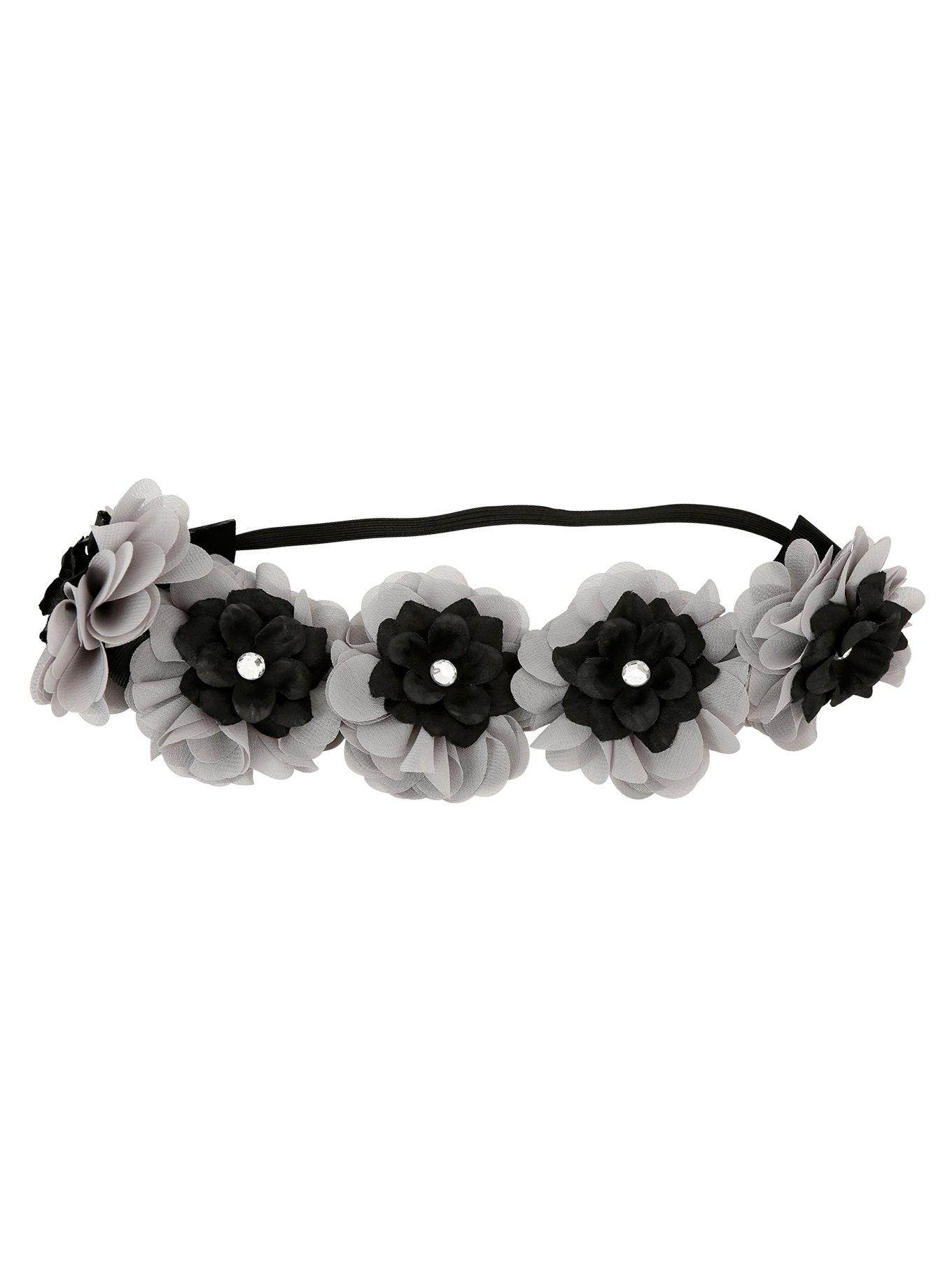 Grey & Black Flower Stretchy Headband, , alternate