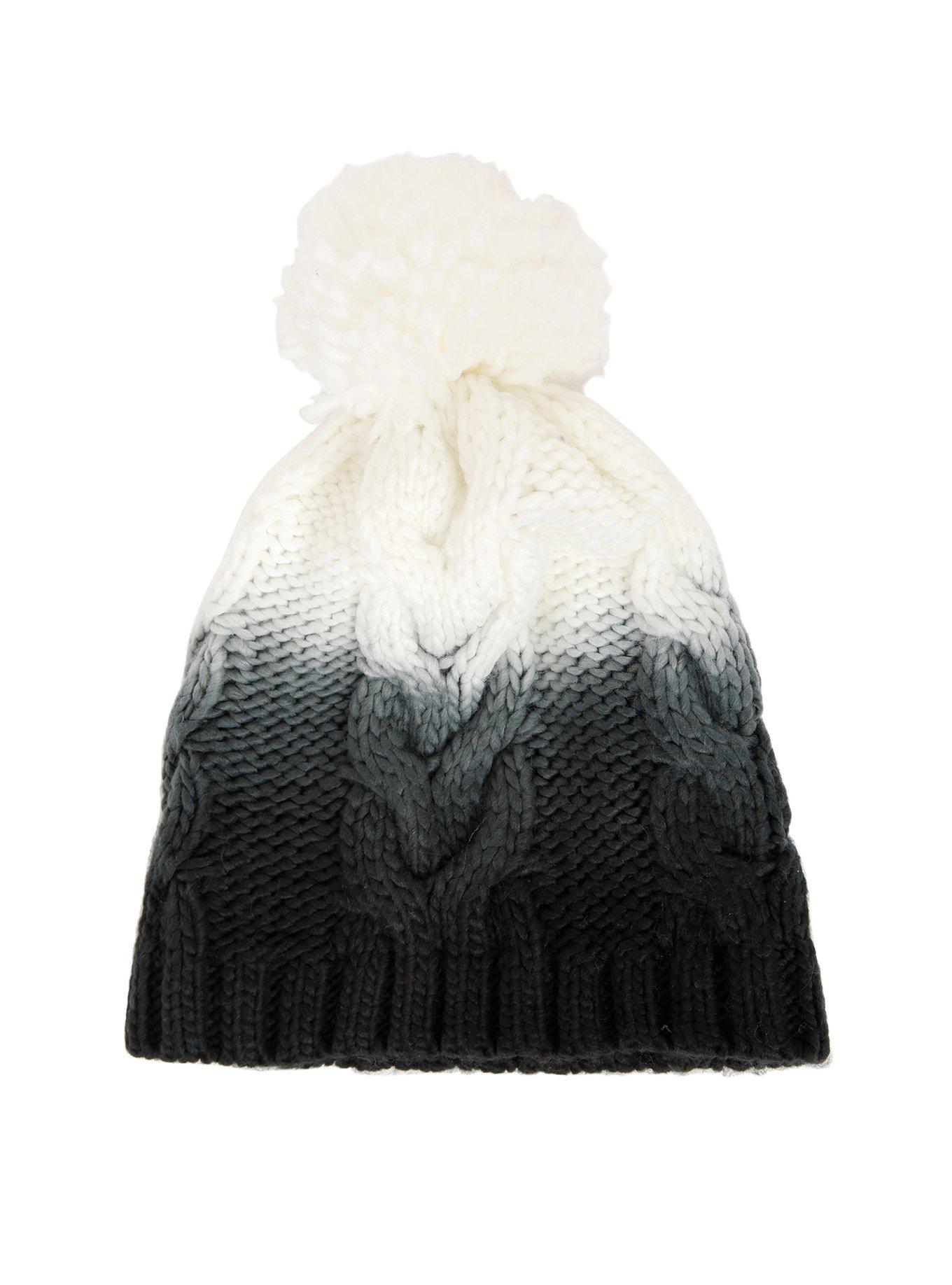 Black & White Ombre Cable Knit Pom Beanie, , alternate