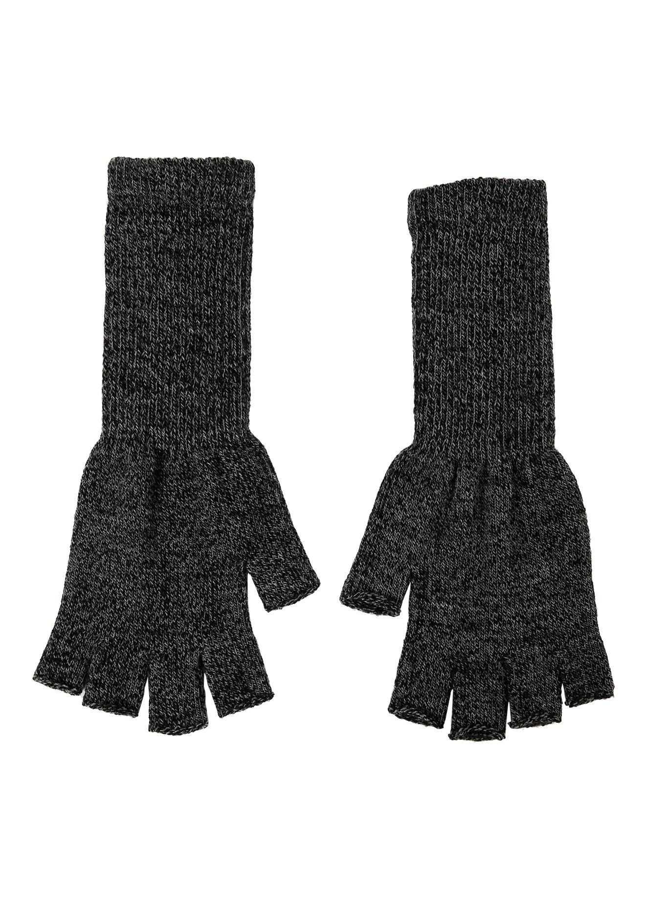 Grey Marled Knit Fingerless Extended Gloves, , alternate