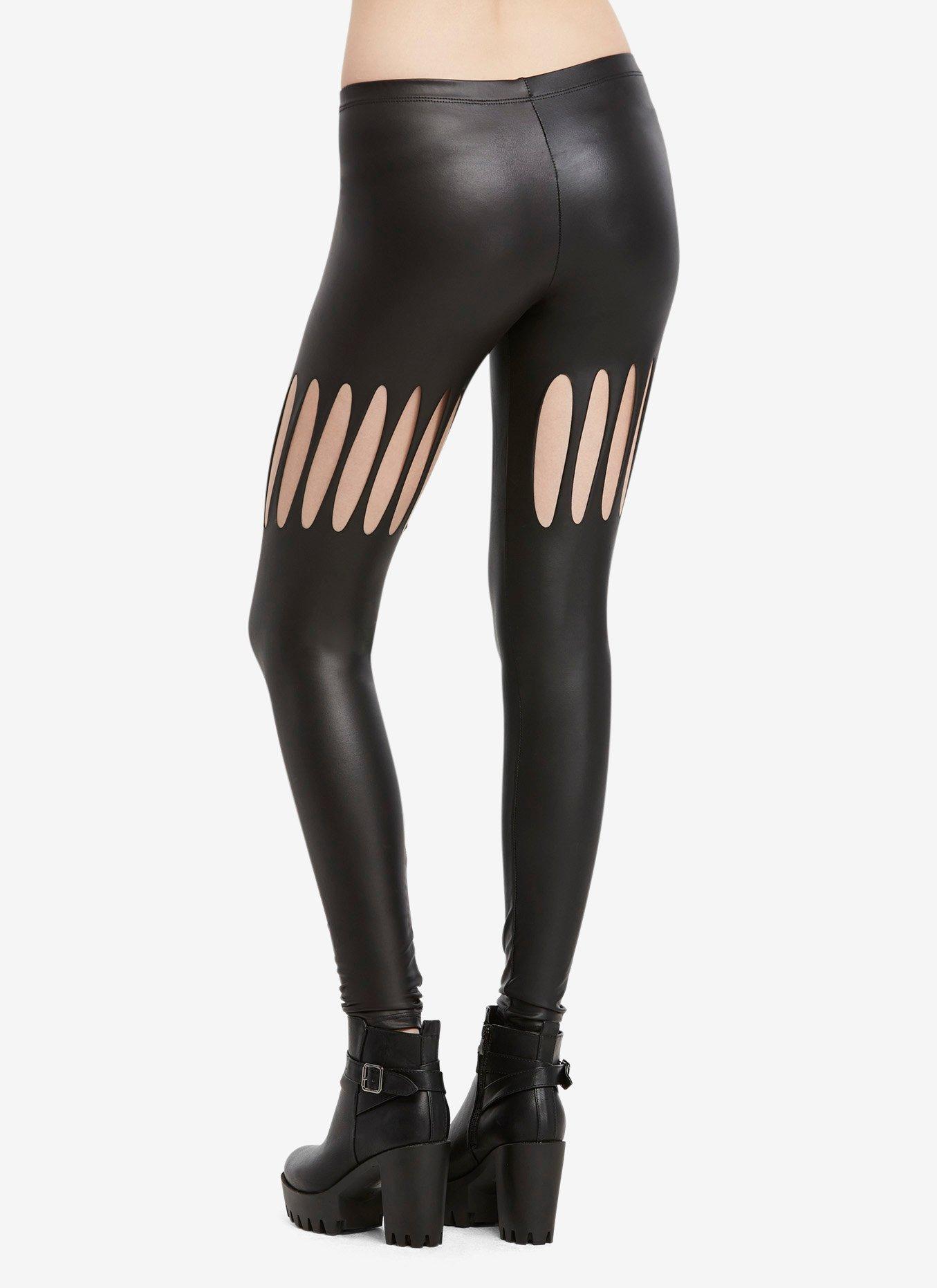 Faux Leather Slashed Leggings, BLACK, alternate