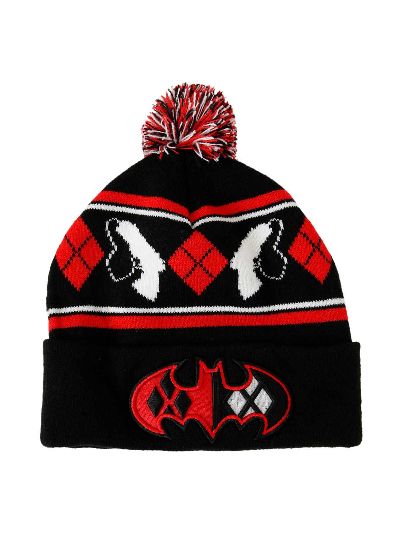 DC Comics Harley Quinn Batman Logo Pom Beanie, , alternate