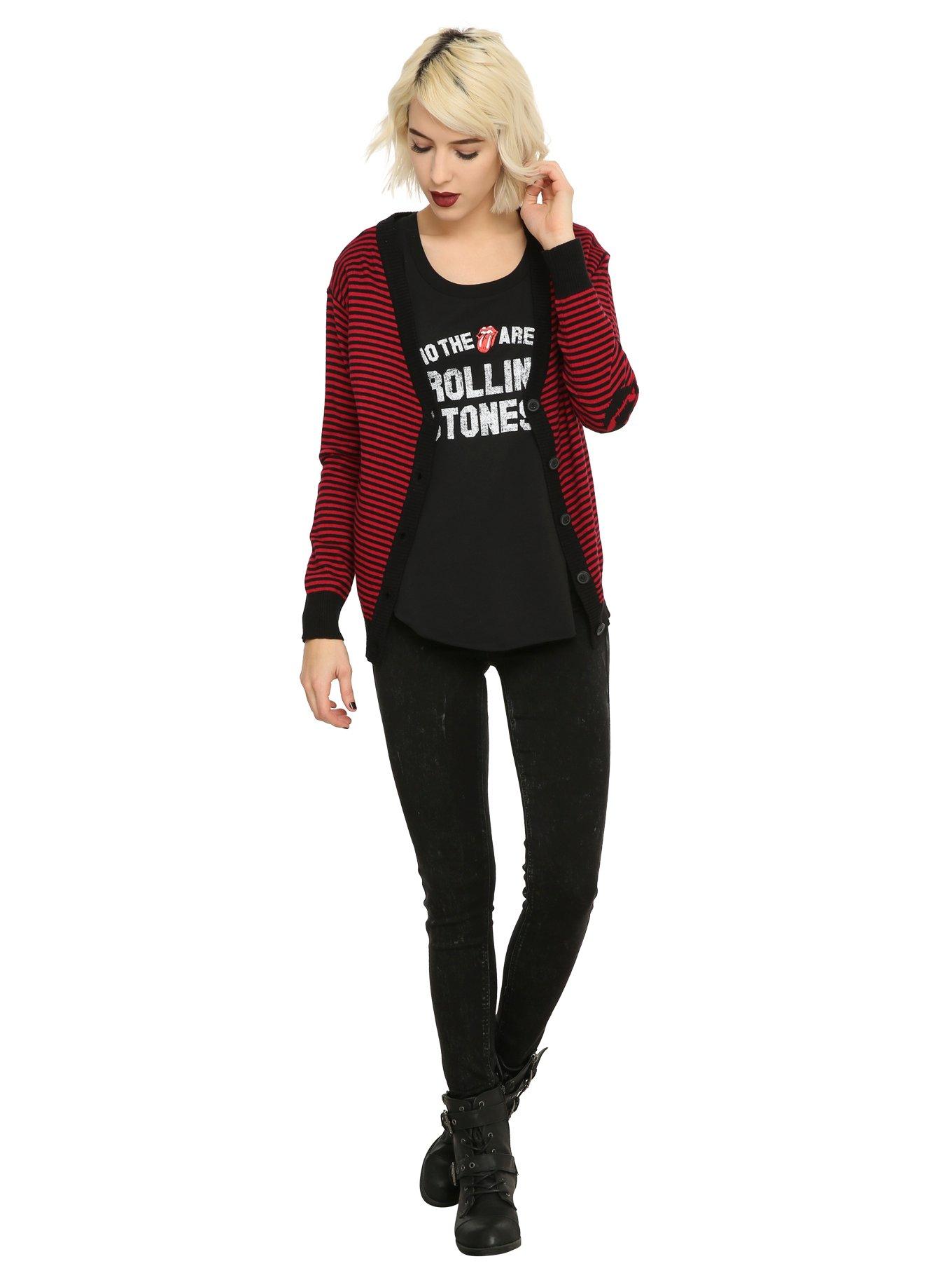 Red & Black Striped Skull Girls Cardigan, , alternate