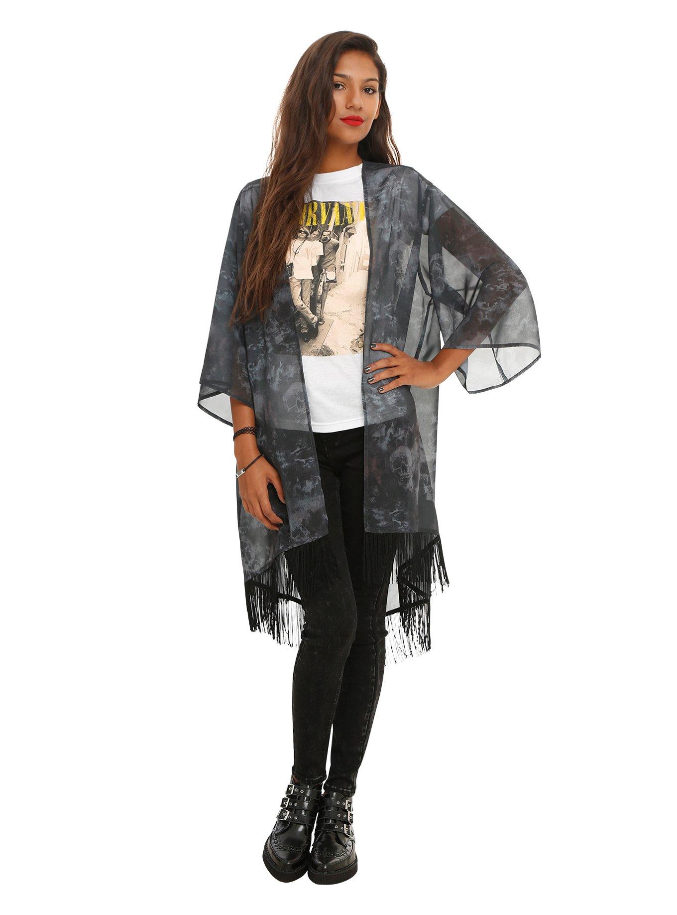 Skull Print Kimono Top, , alternate