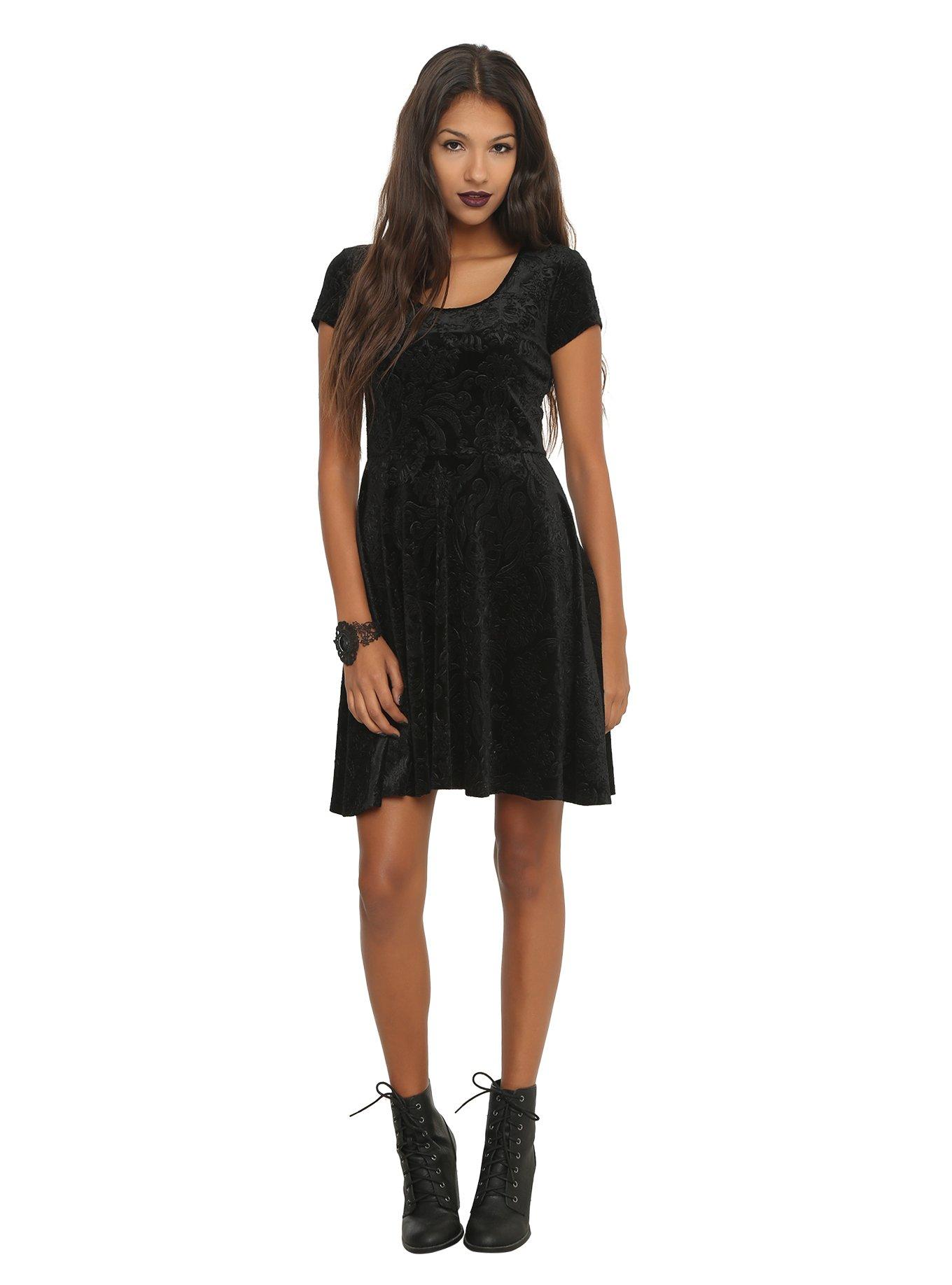 Black Flocked Filigree Skull Dress, , alternate