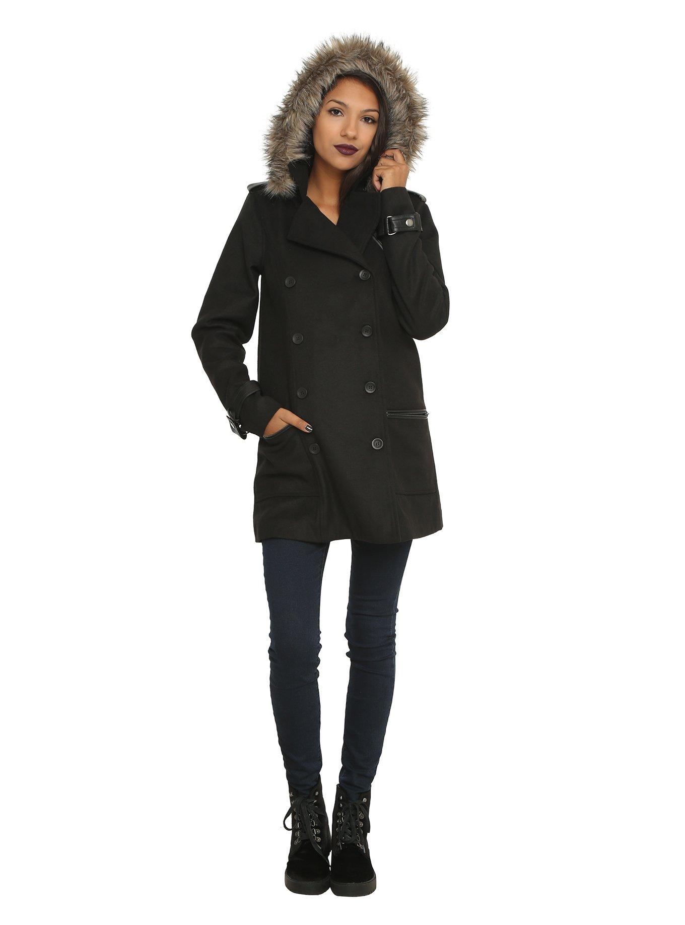 Black Girls Hooded Peacoat, , alternate