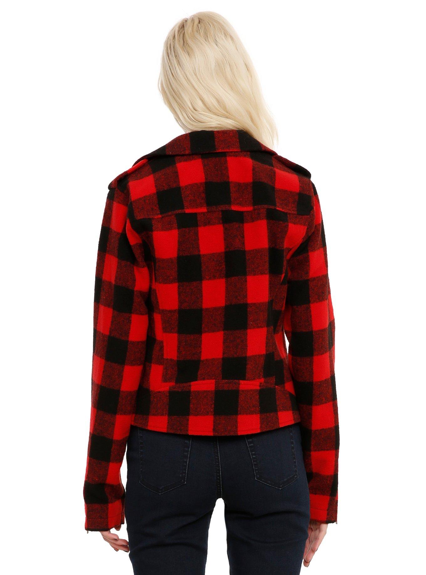 Red & Black Plaid Moto Jacket, BLACK, alternate