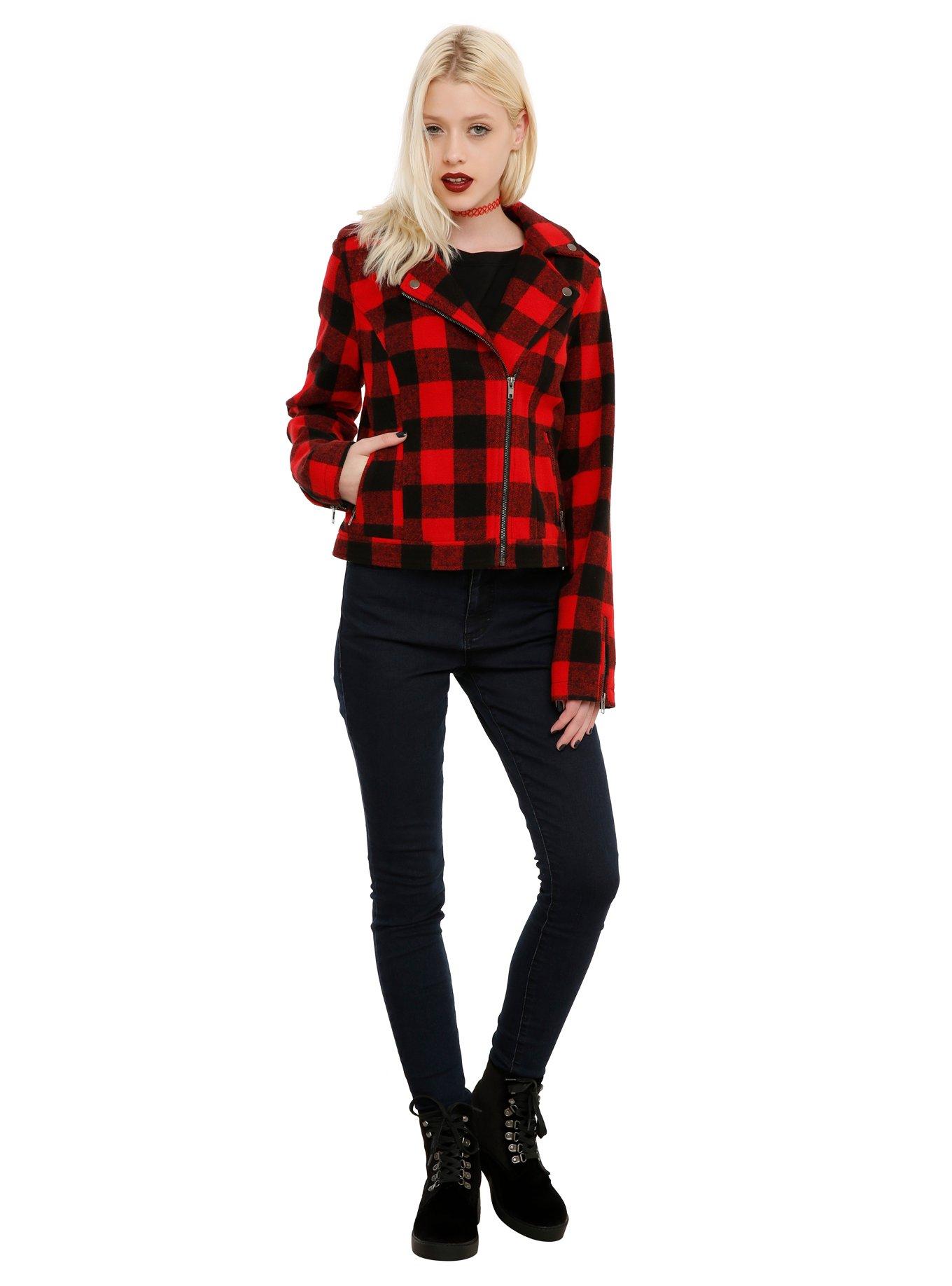 Red & Black Plaid Moto Jacket, BLACK, alternate