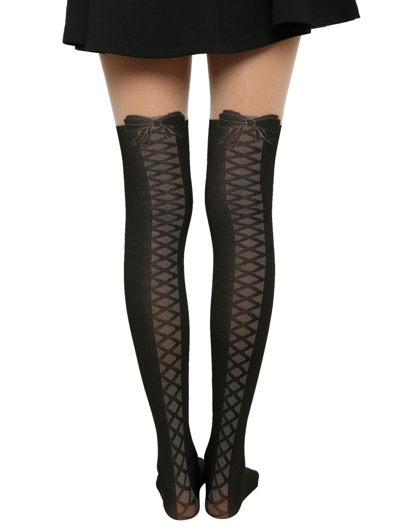 LOVEsick Clock Back Lace-Up Faux Thigh High Tights, , alternate