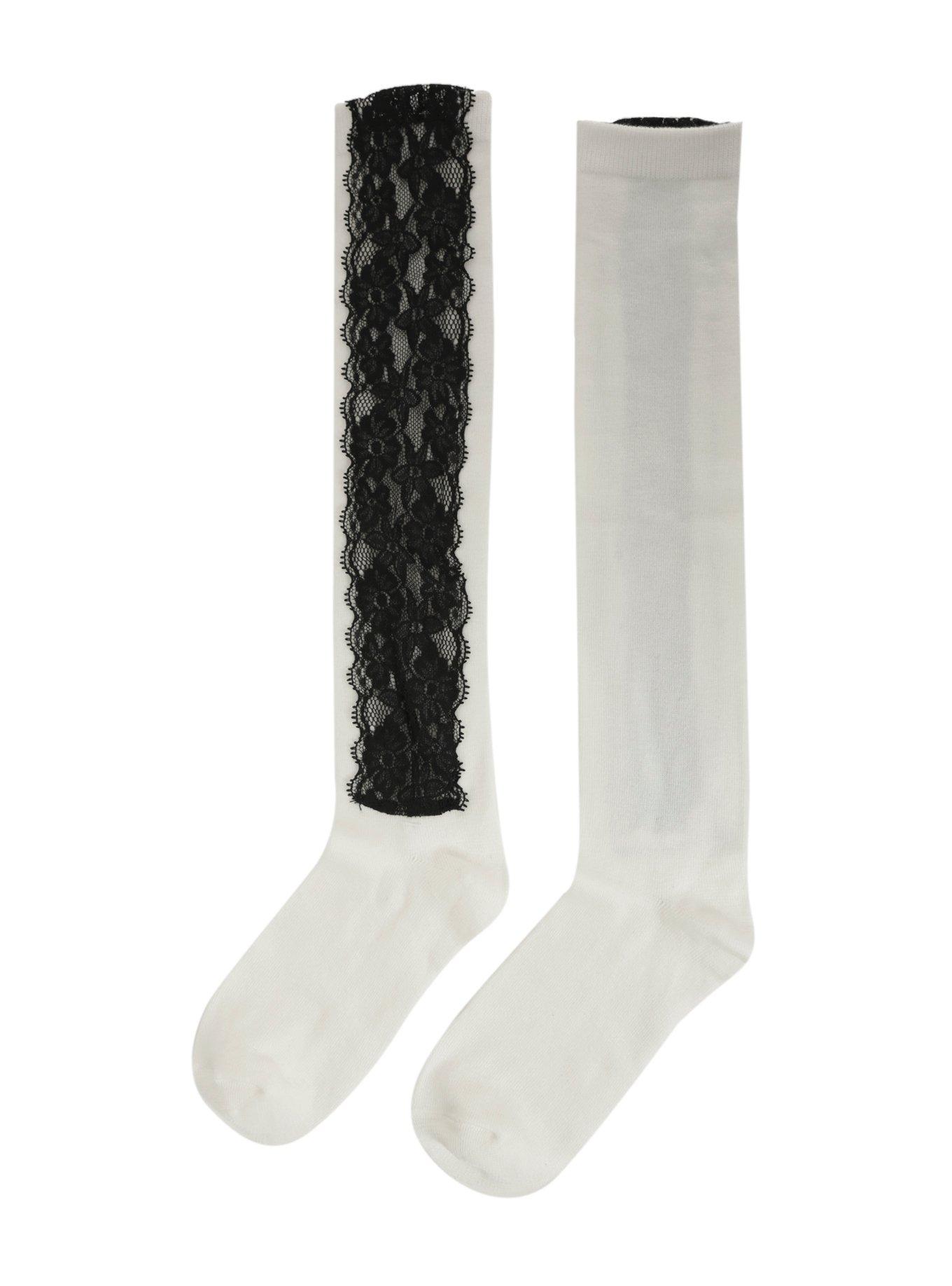 Ivory Black Lace Knee-High Socks, , alternate