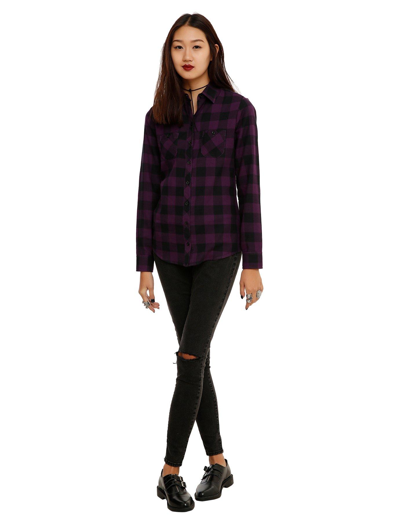 Purple & Black Plaid Spine Back Girls Woven Top, , alternate