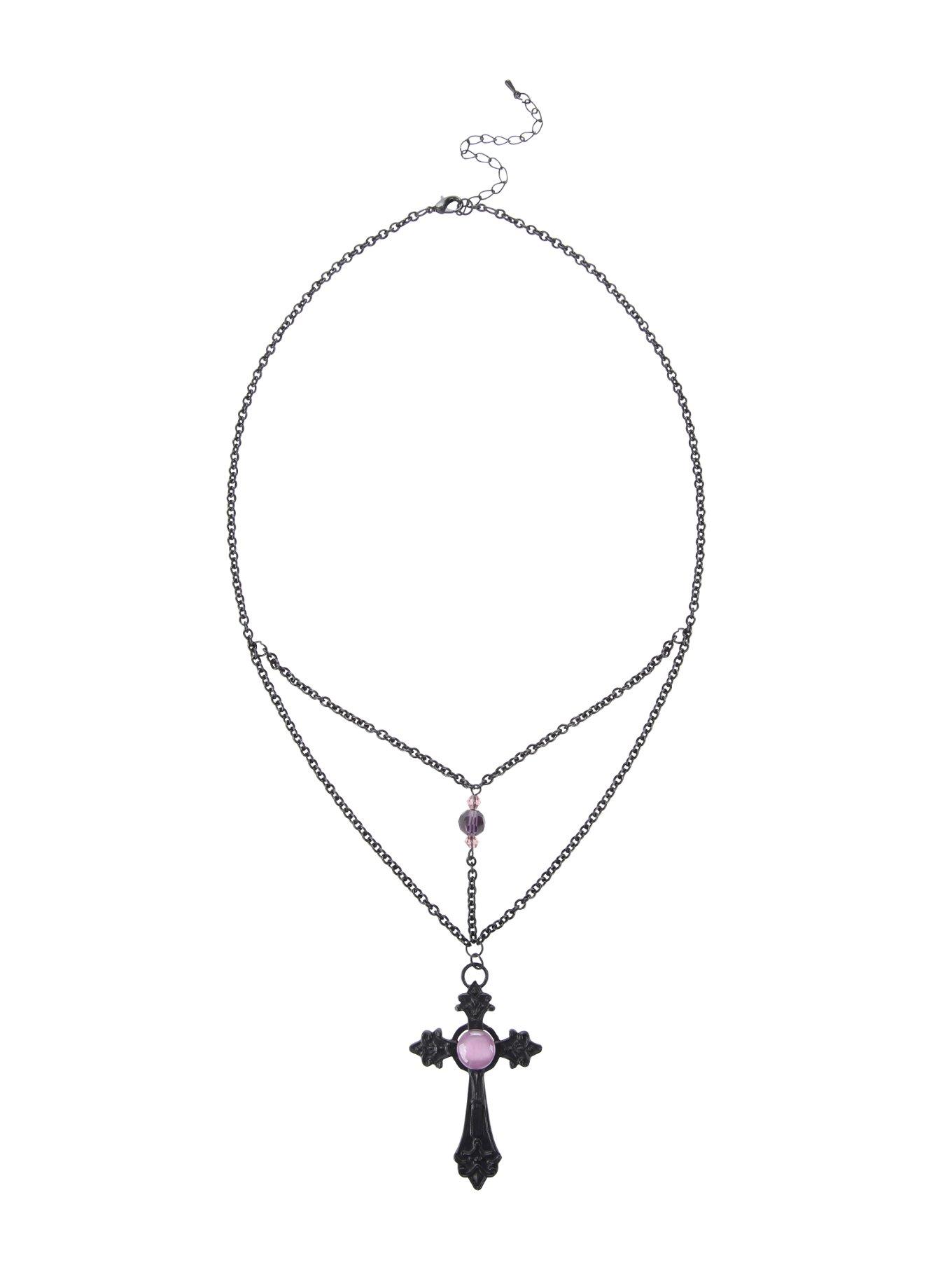 LOVEsick Black Purple Stone Gothic Cross Necklace, , alternate