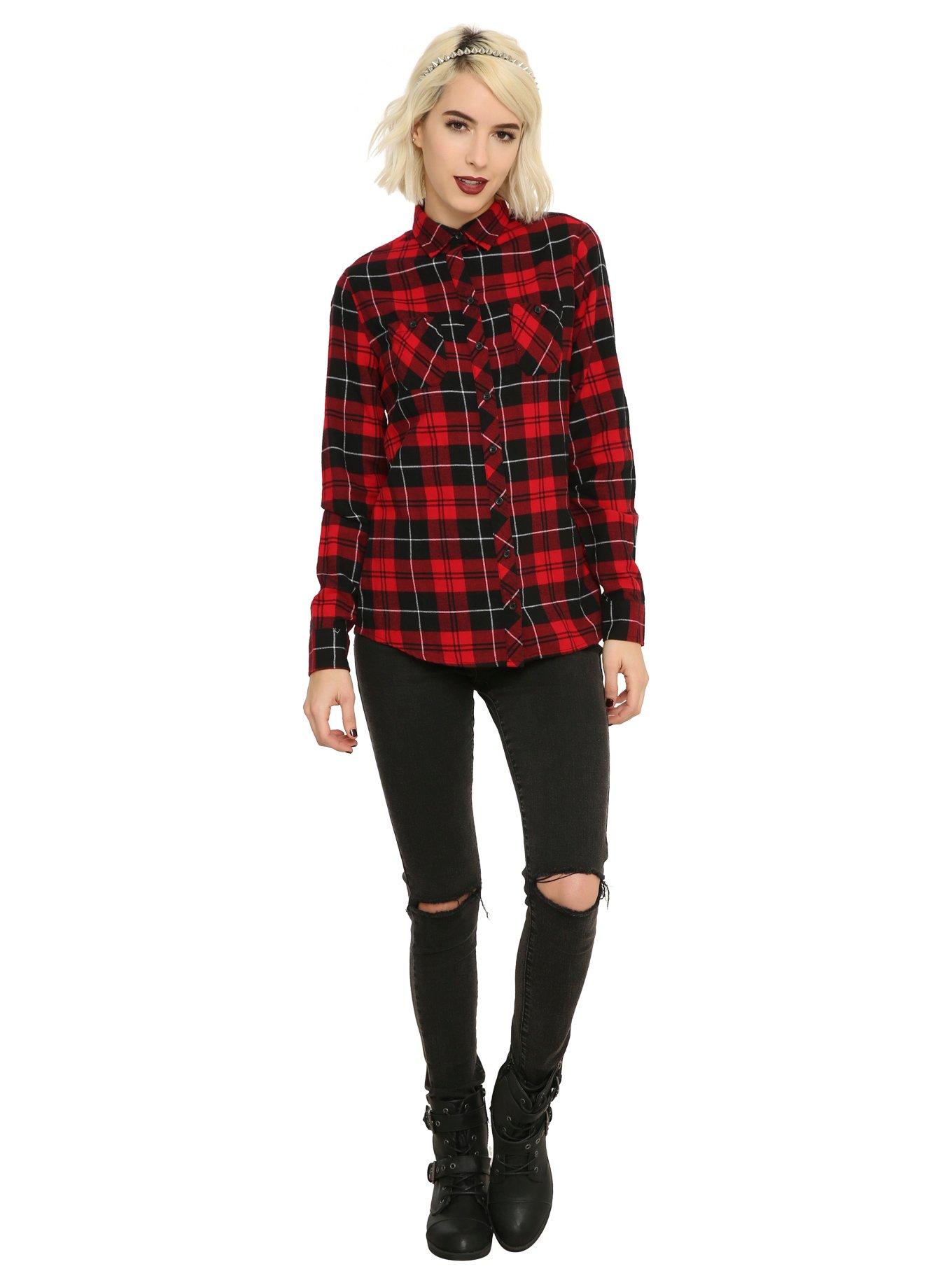 Red Black & White Plaid Woven Button-Up, , alternate