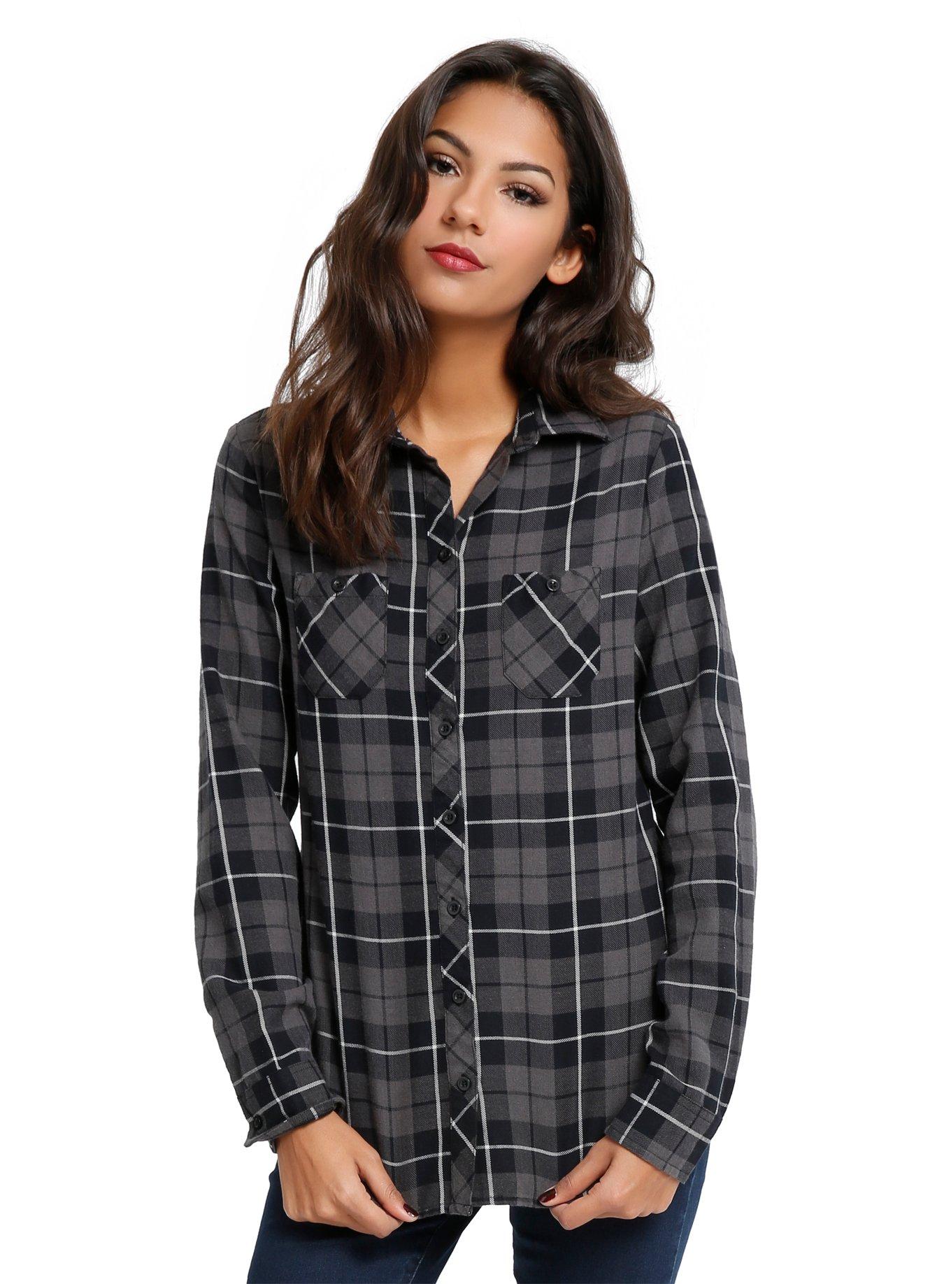Grey Skull Plaid Girls Woven, , alternate