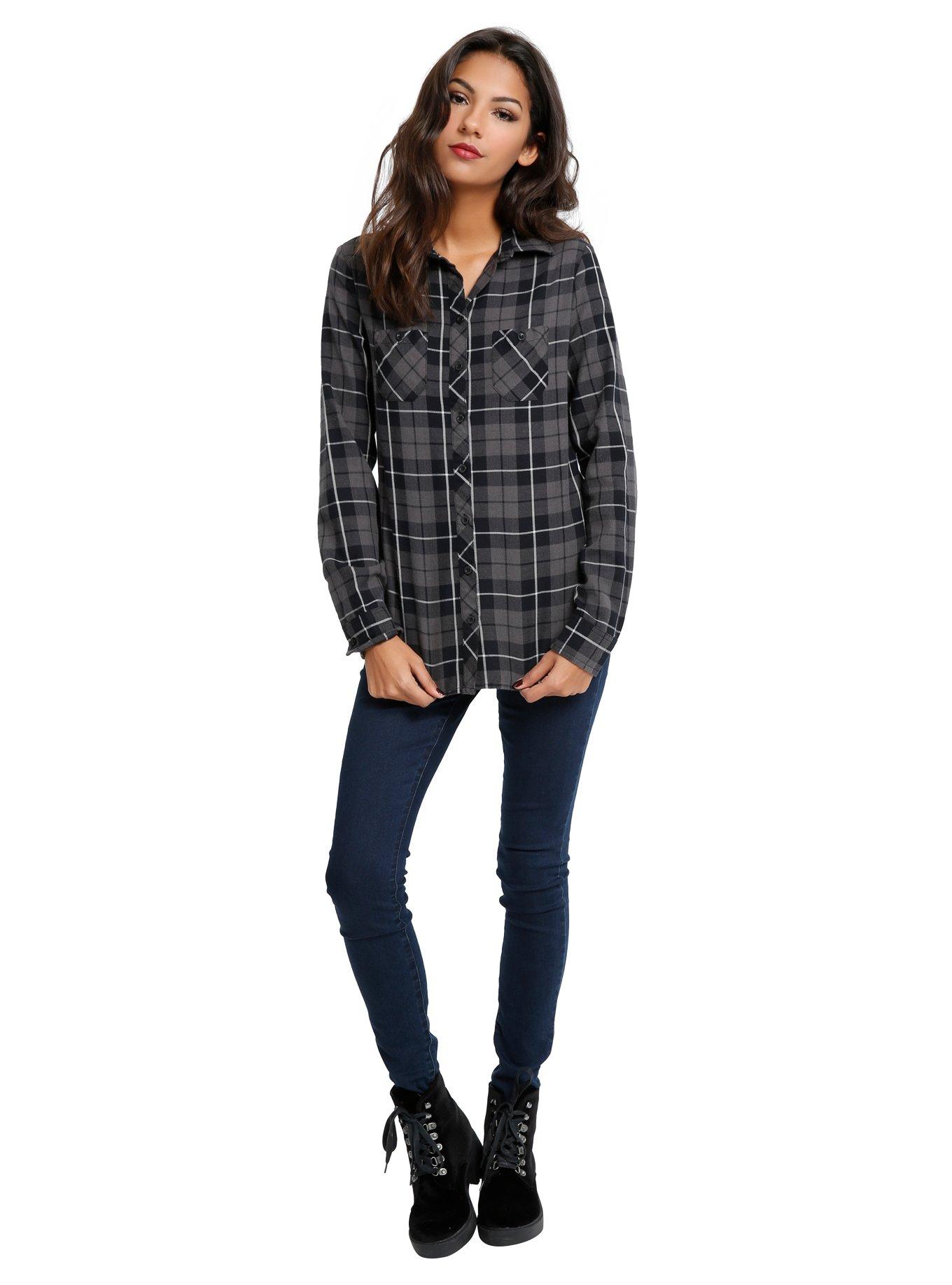 Grey Skull Plaid Girls Woven, , alternate