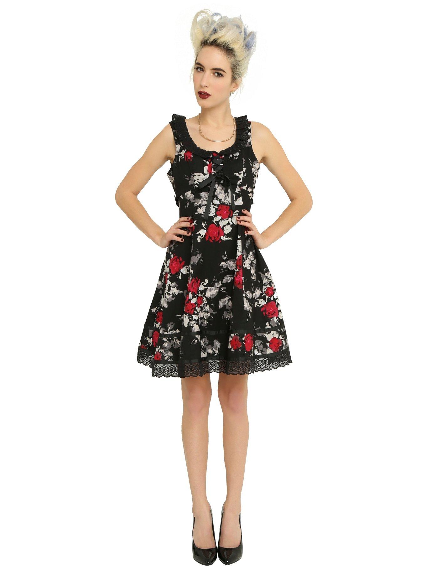 Black & Red Floral Ruffle Dress, , alternate