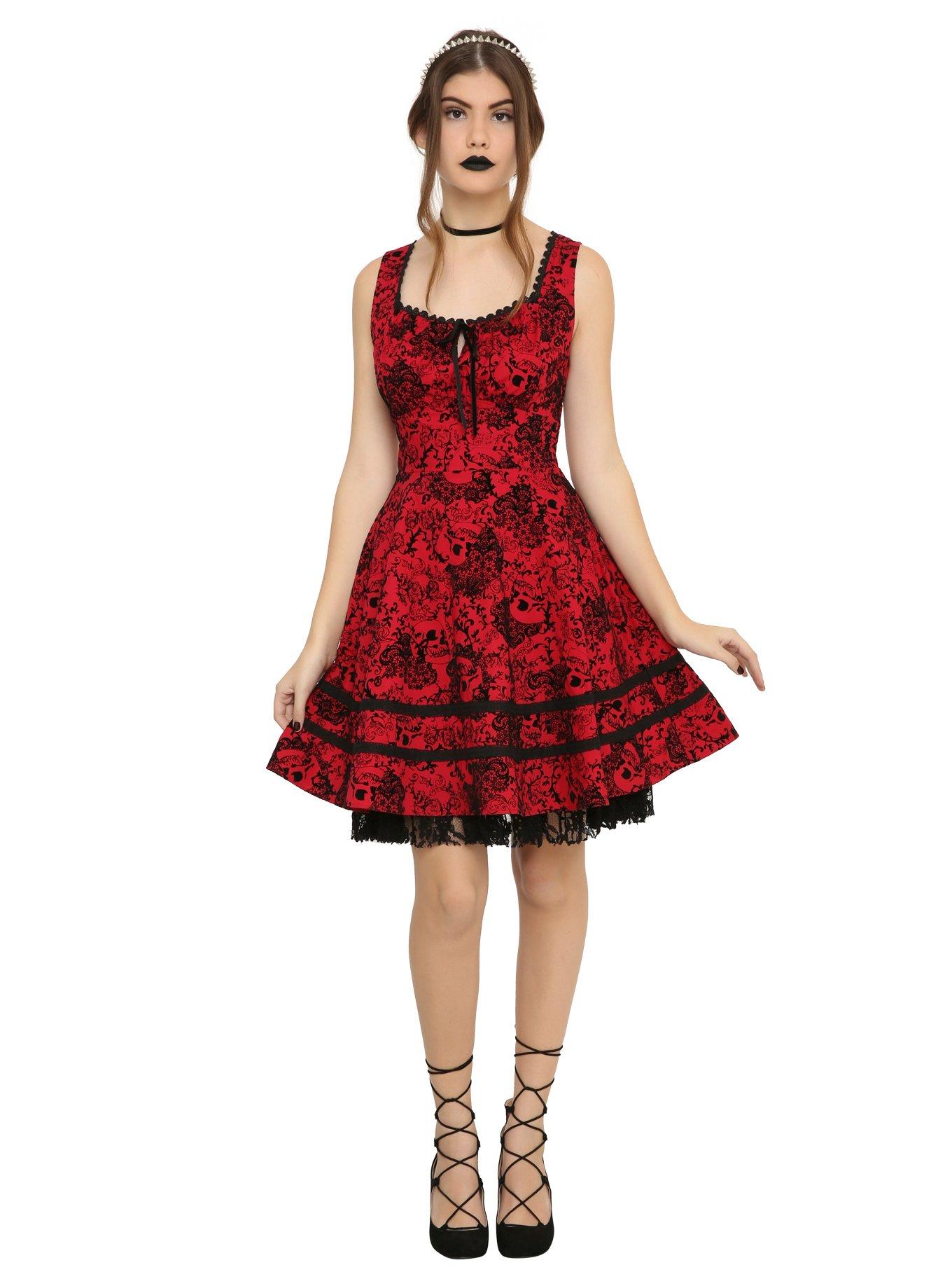 Red & Black Flocked Filigree Skull Dress, , alternate