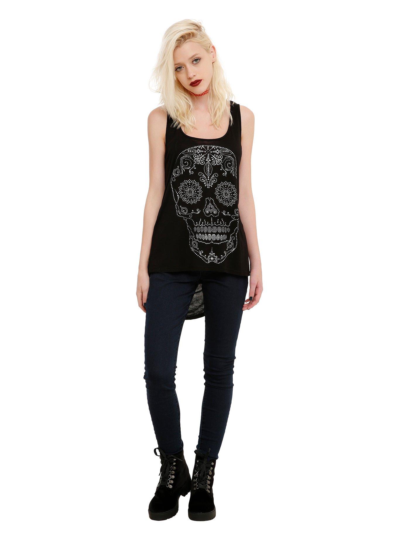 Glitter Skull Open-Back Girls Hi-Lo Tank Top, , alternate