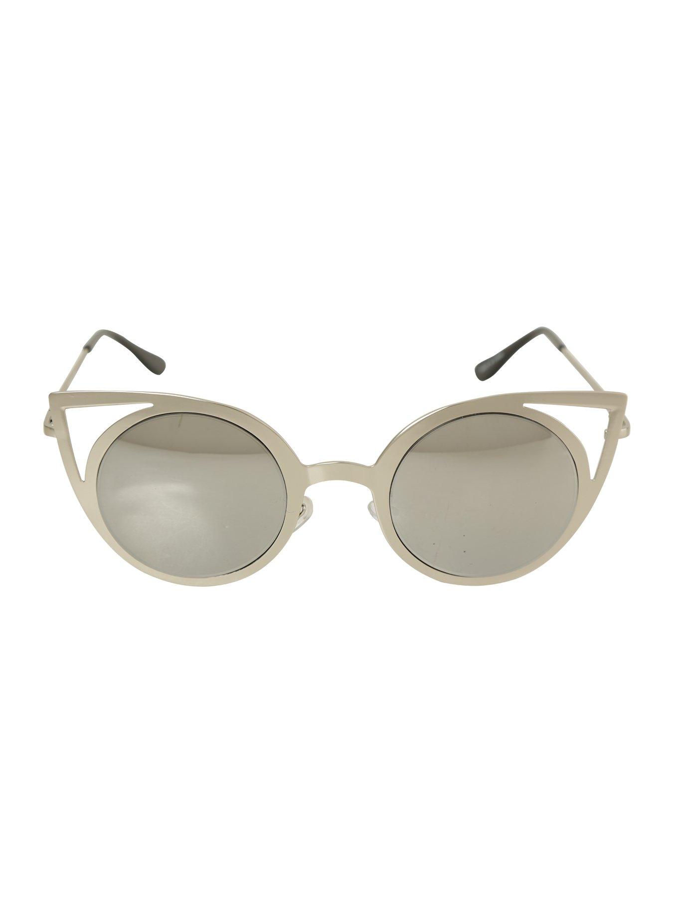 Silver Round Mirror Lens Cateye Sunglasses, , alternate
